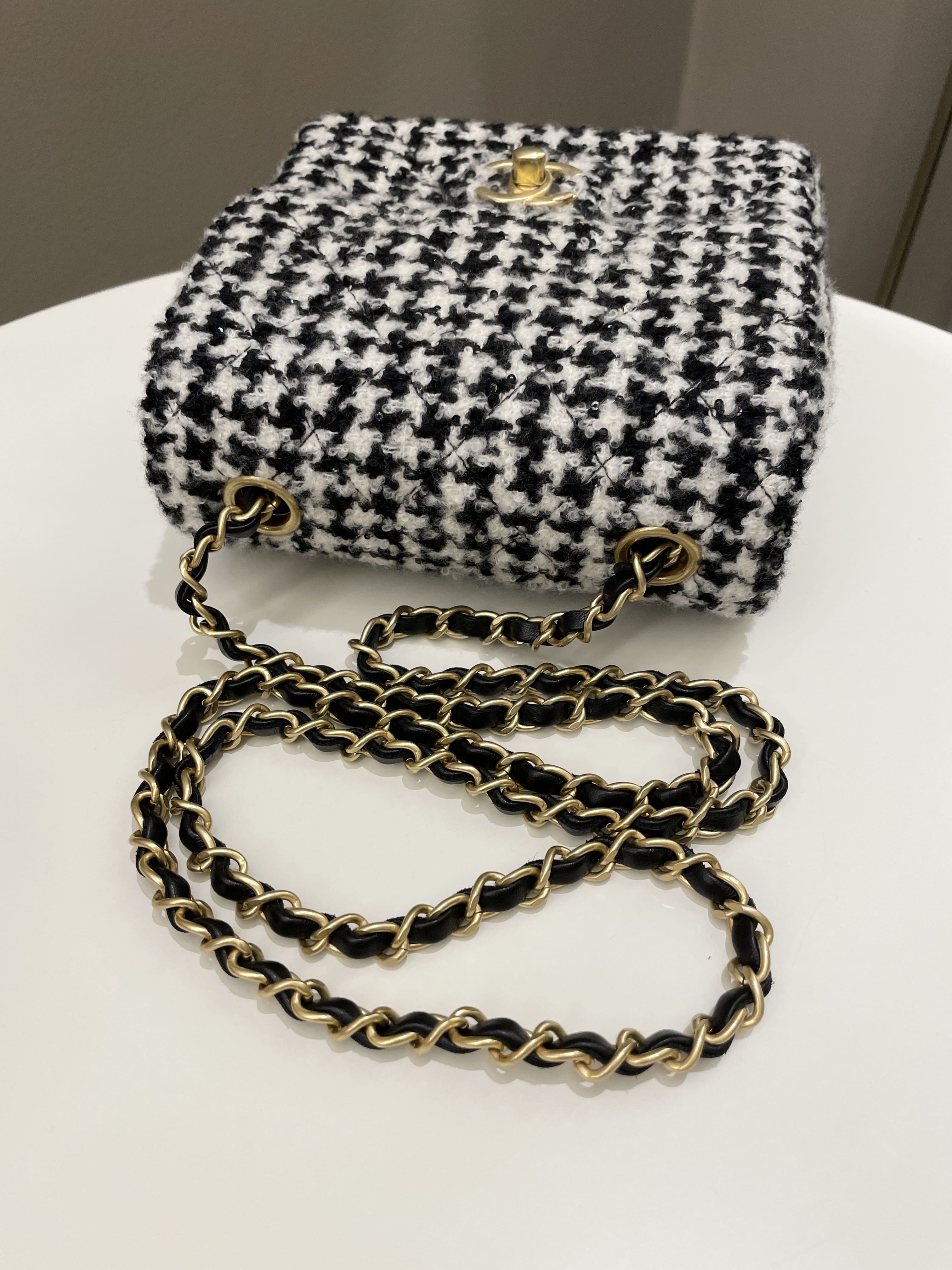 Chanel 22K Houndstooth Mini Square Black/ White Sequin Tweed