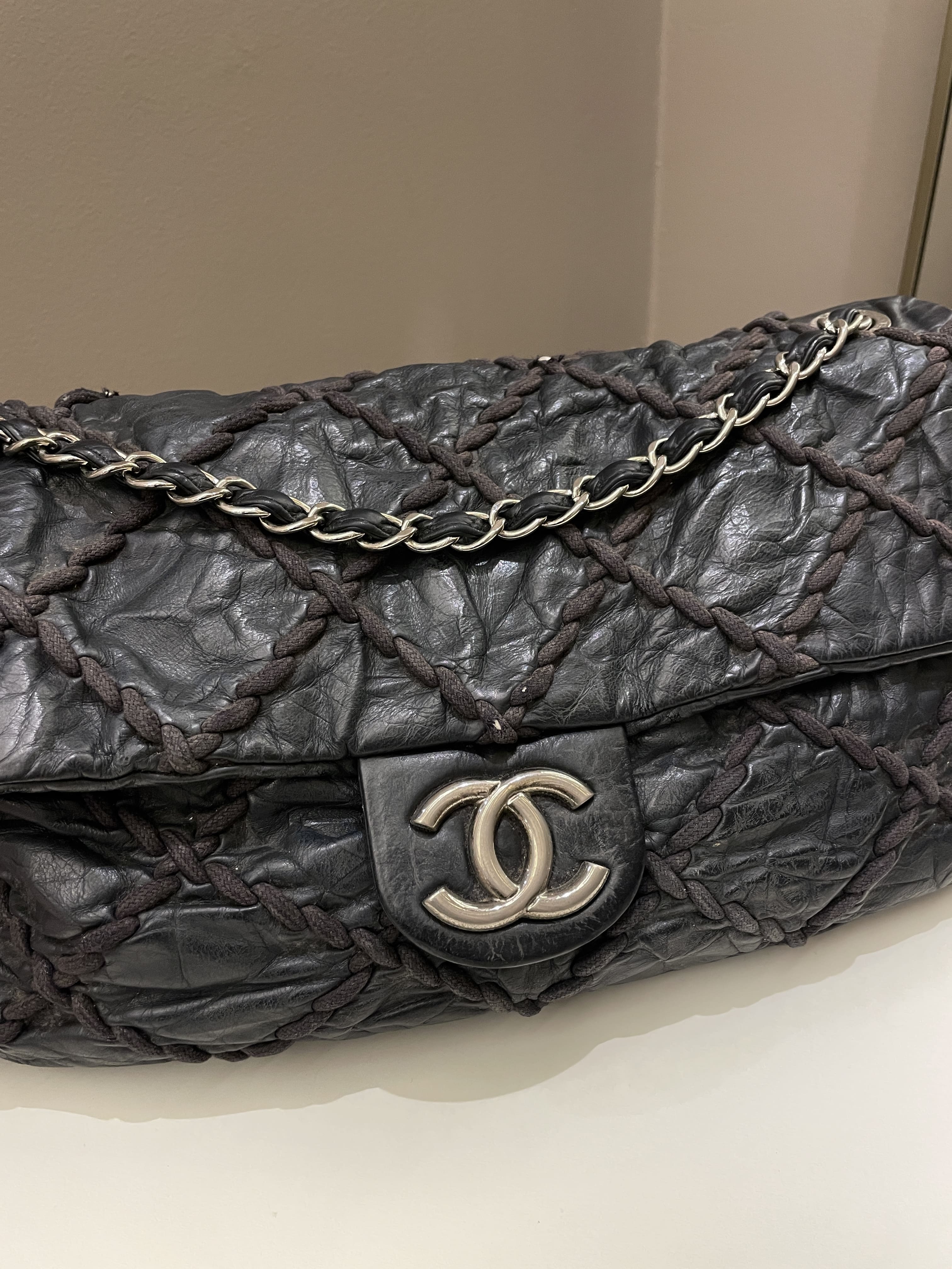 Chanel Ultra Stitch Classic Flap Black Distressed Leather