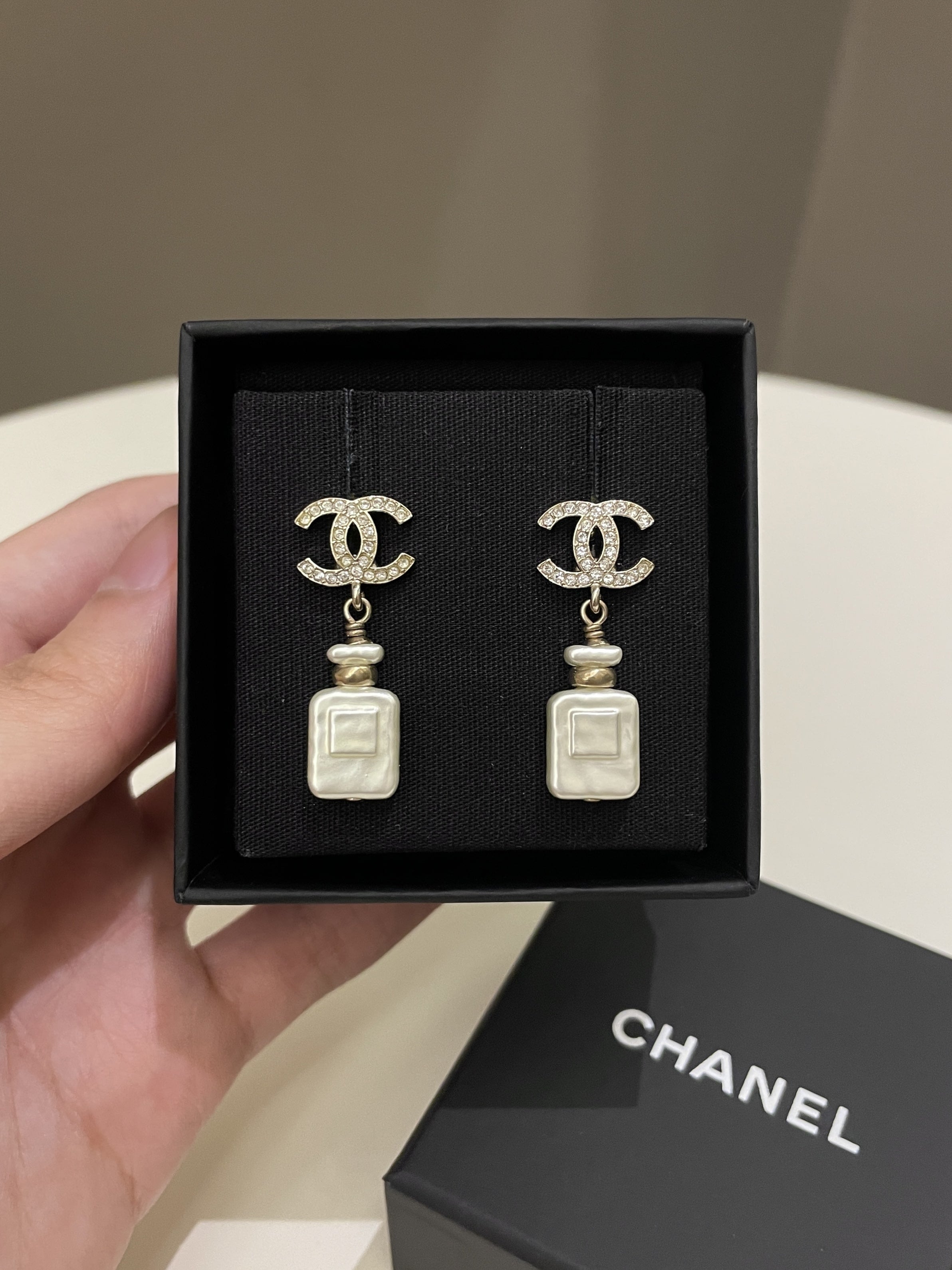 Chanel 22S Pearl CC Drop Perfume Bottle Earrings Ivory Resin Rhinestone