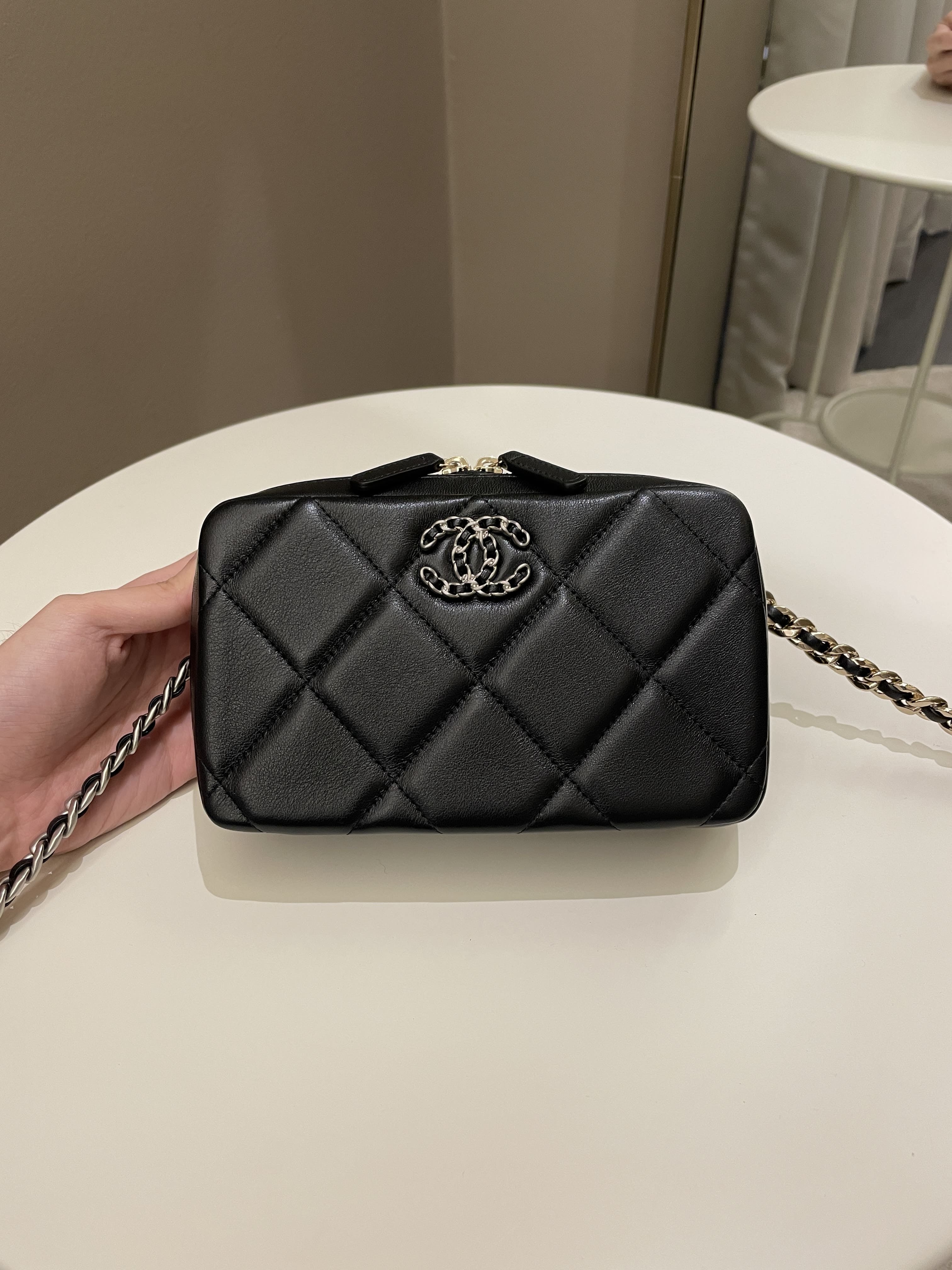 Chanel 19 Quilted Camera Sling Bag Black Lambskin