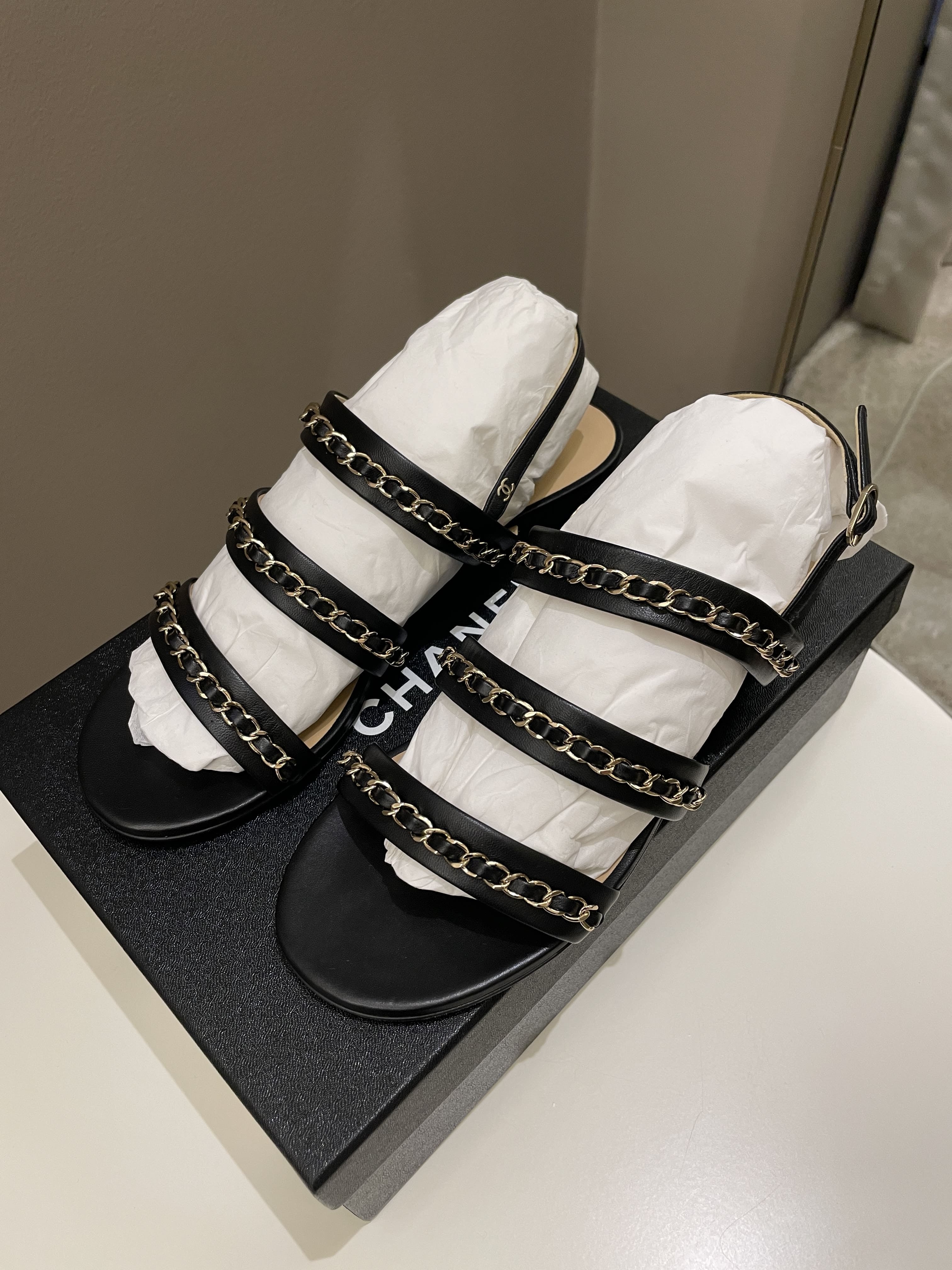 Chanel 22K Chain Sandal Black LGHW Size 39