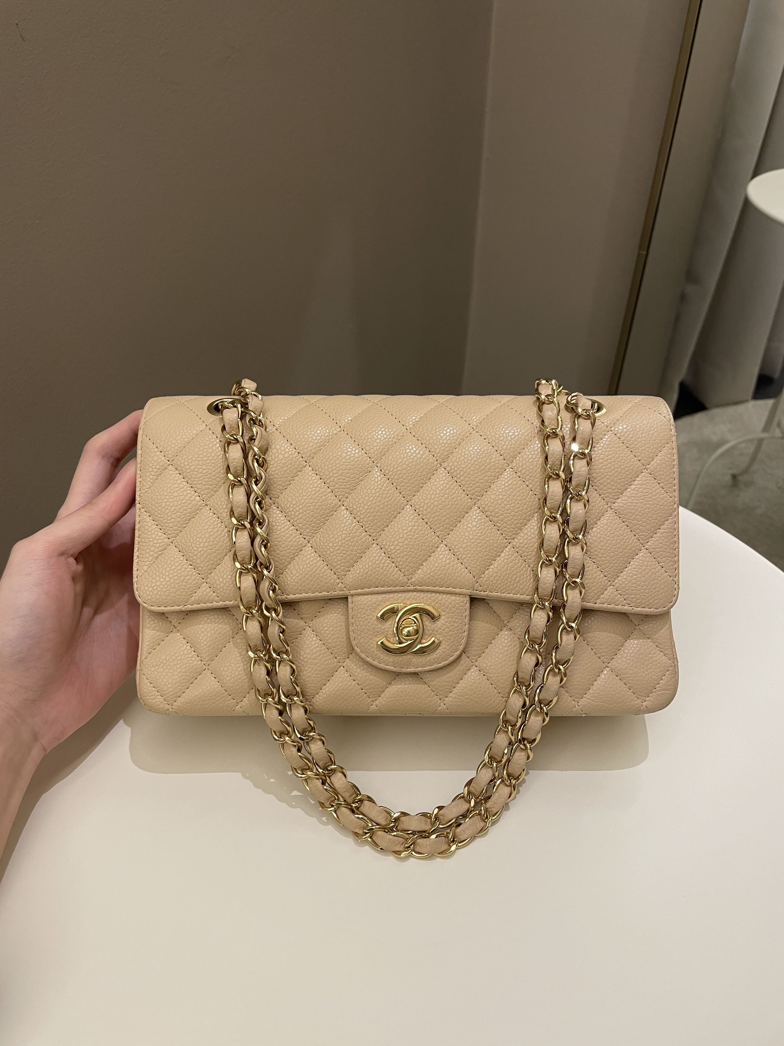 CHANEL Caviar Quilted Jumbo Double Flap Beige Clair 1217350
