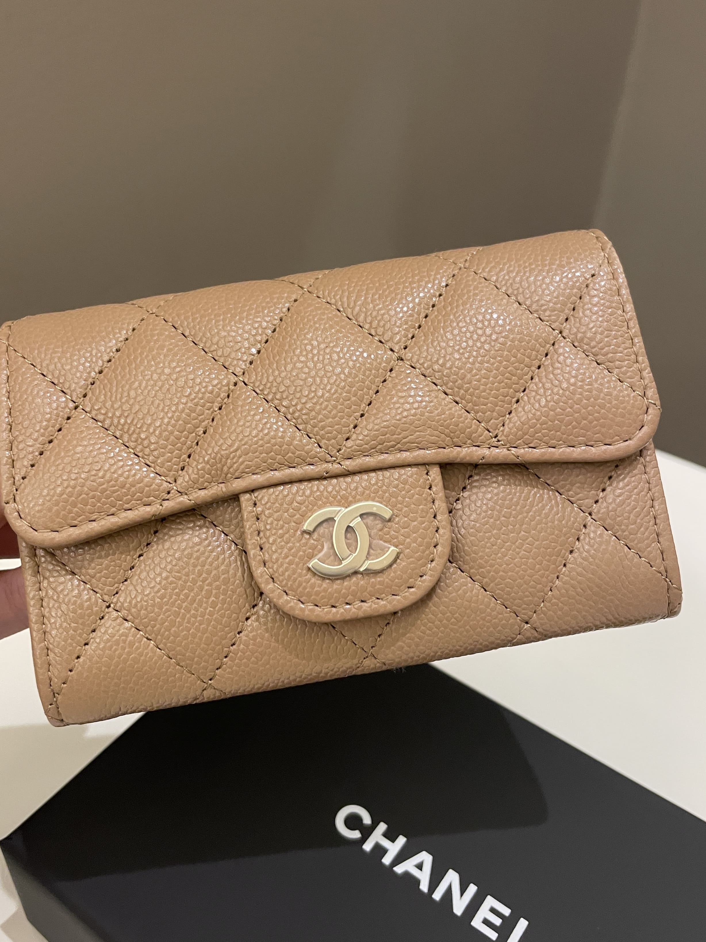 Chanel Classic Quilted Snap Card Holder Dark Beige Caviar