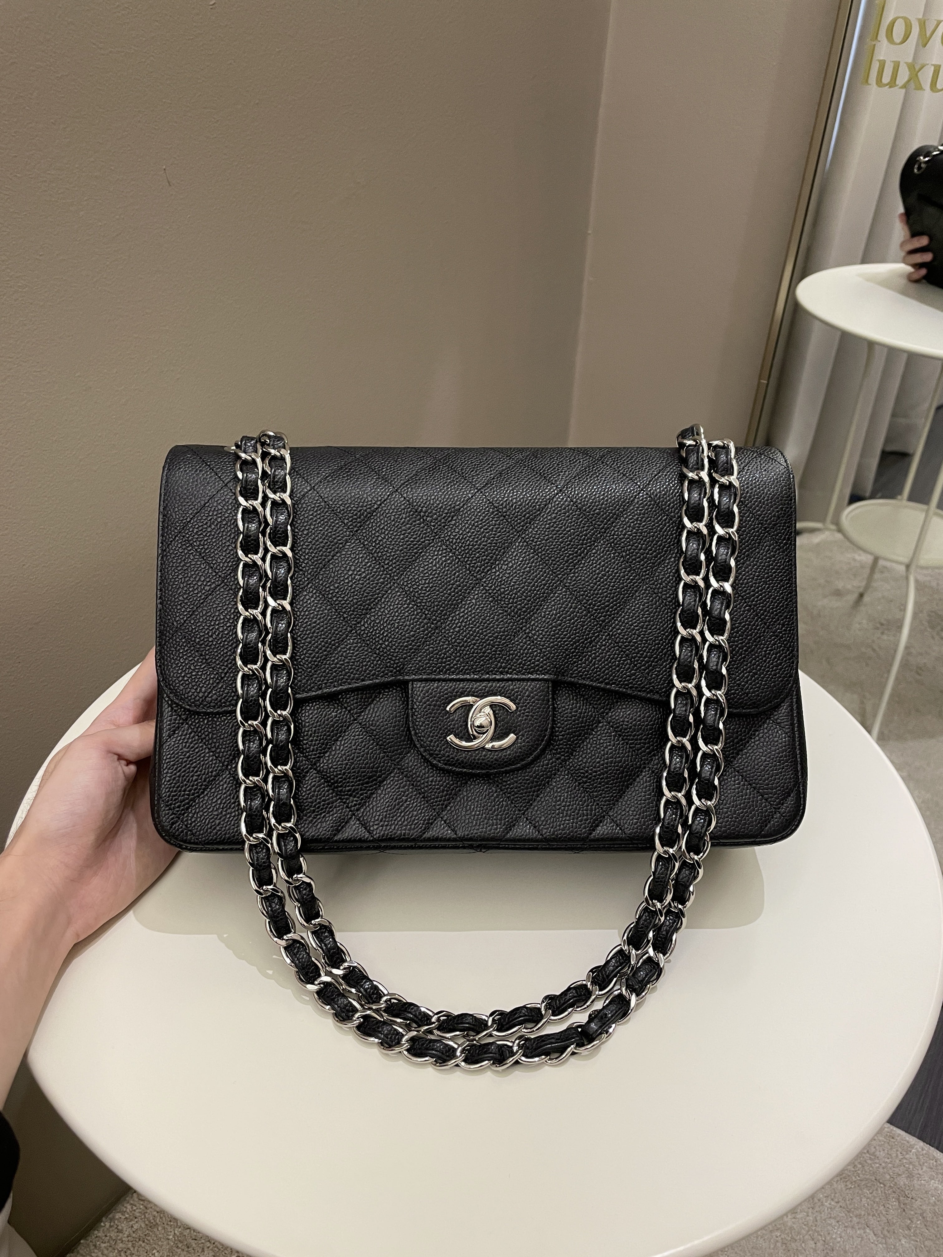 Authentic Chanel Black Quilted Caviar Leather Classic Jumbo Double Fla –  Paris Station Shop