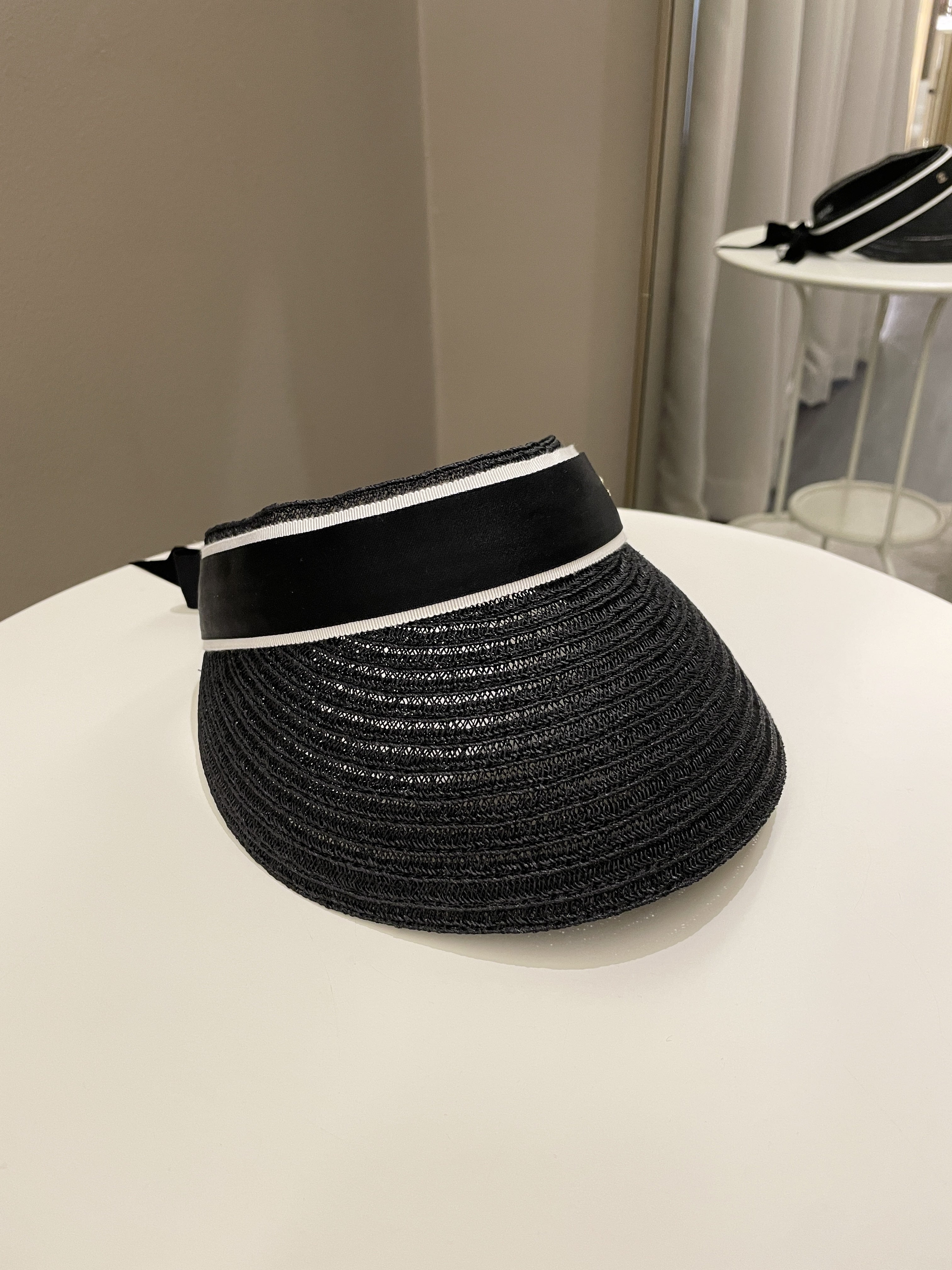Chanel Black Straw CC Visor Hat Black straw