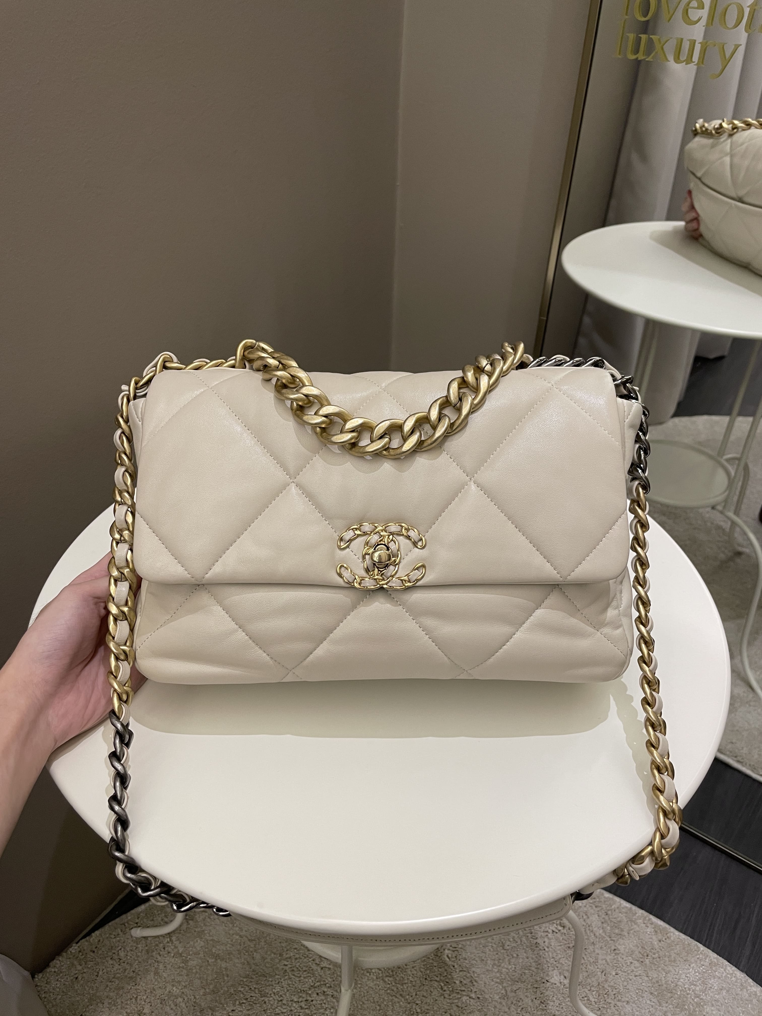 CHANEL 19 Small Flap Lambskin Leather Shoulder Bag White