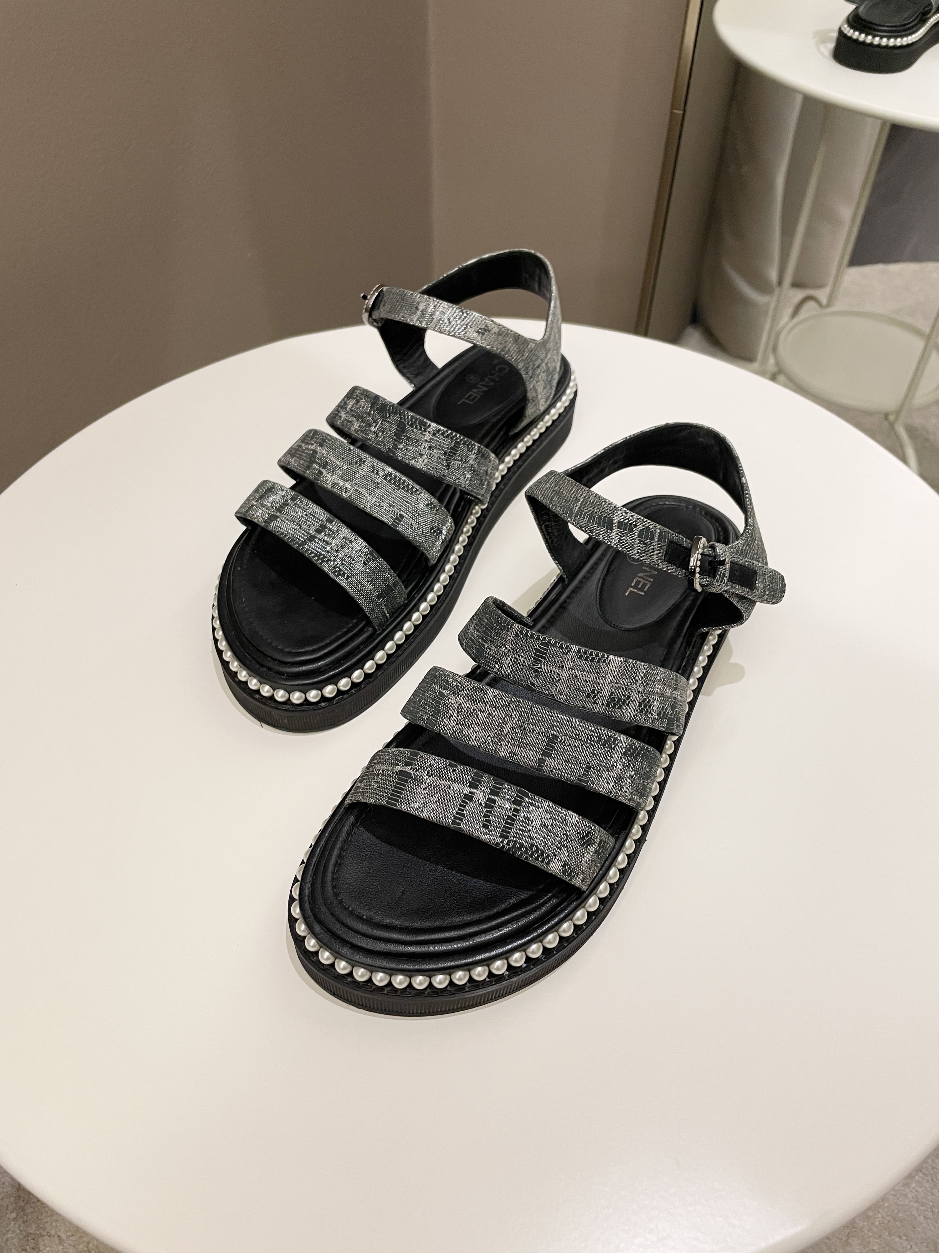 Chanel Strapy Pearl Sandals Black / Grey Size 36.5 C