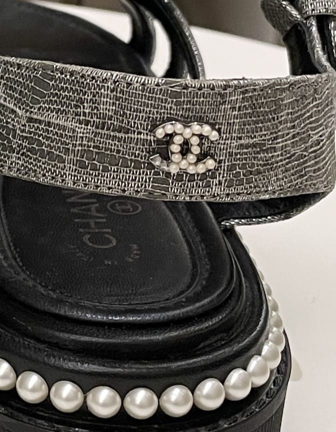 Chanel Strapy Pearl Sandals Black / Grey Size 36.5 C