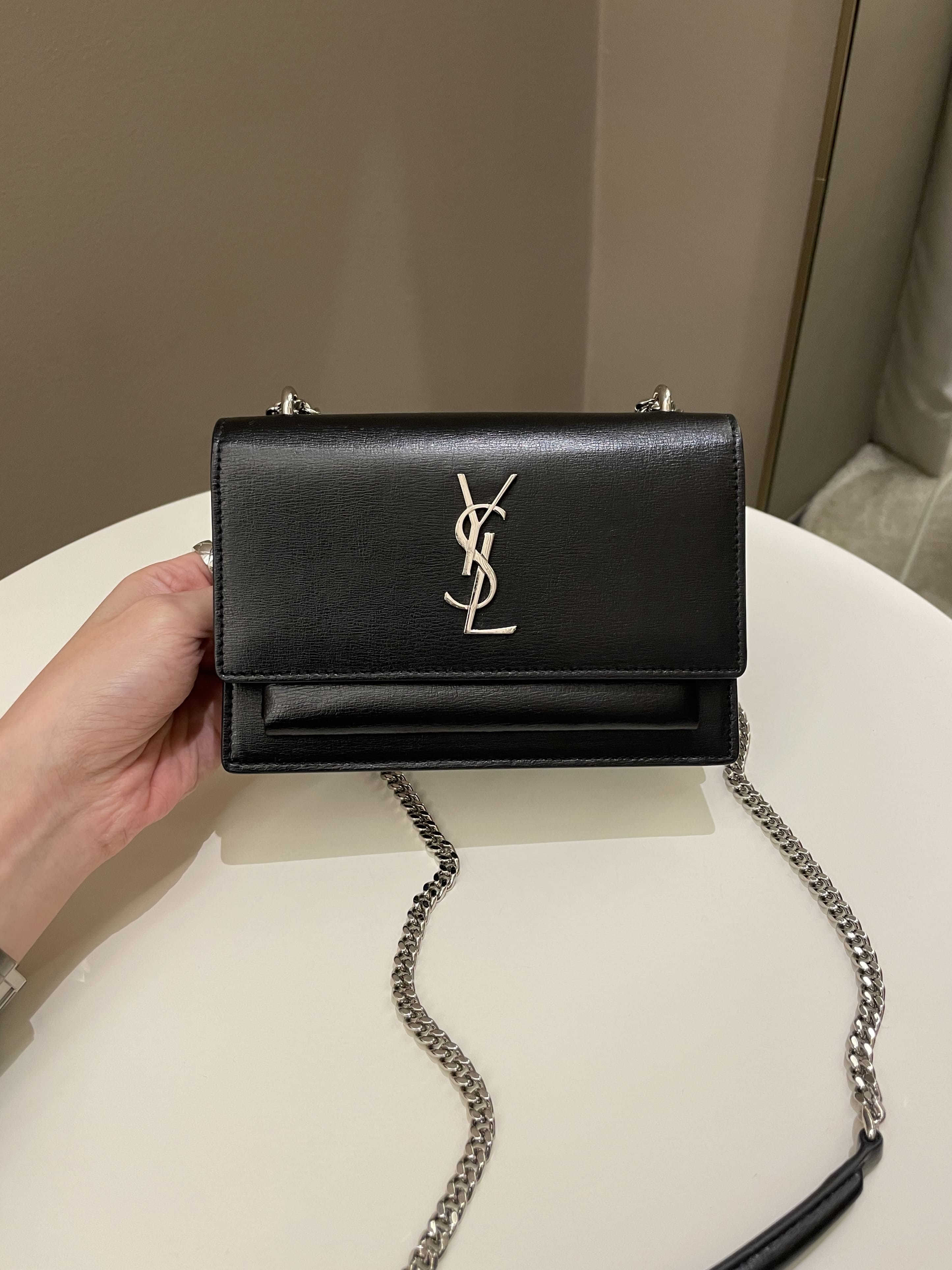 SAINT LAURENT 2090$ Small Sunset Chain Wallet In Black Coated Bark Leather