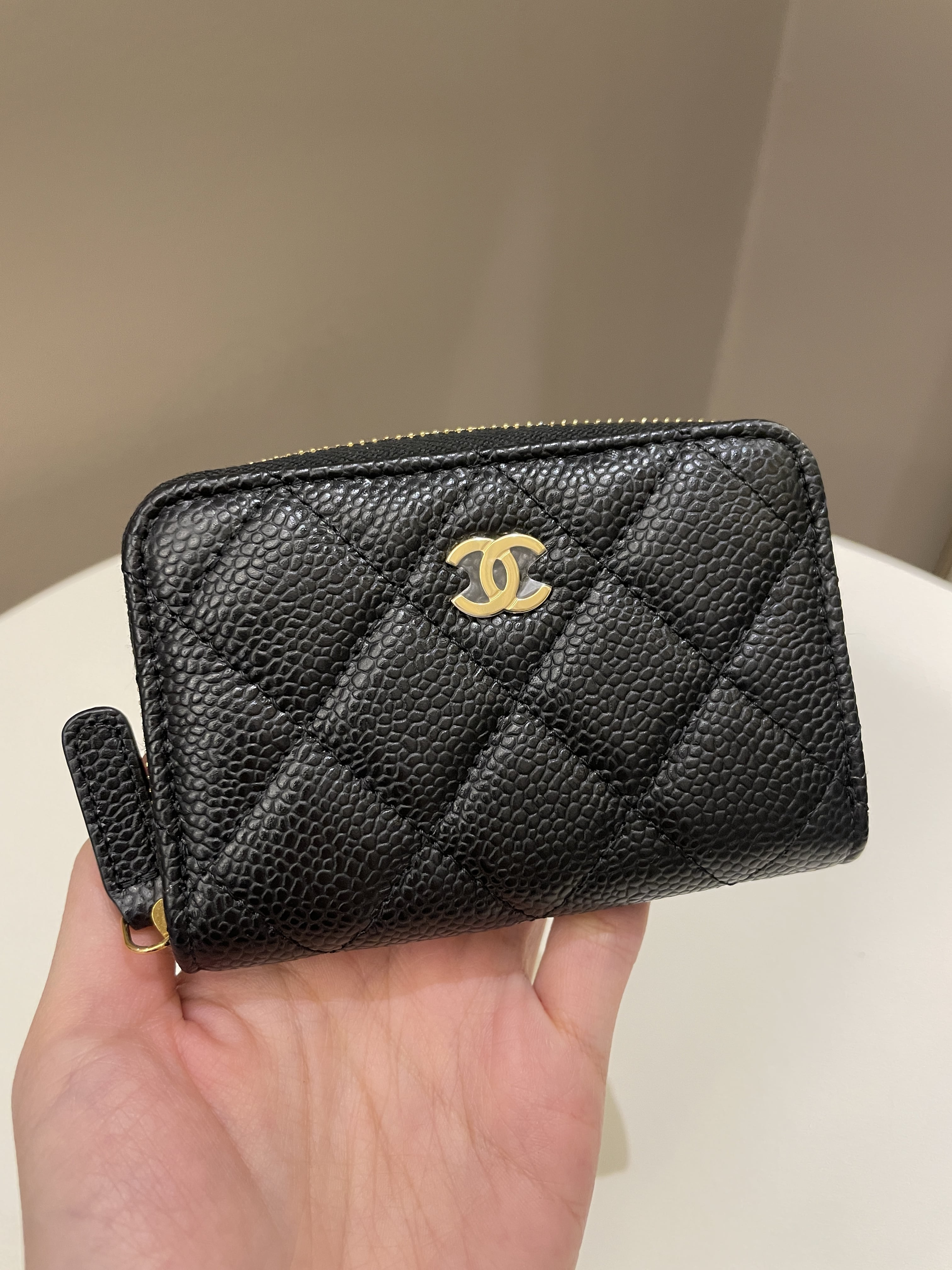Chanel Classic Quilted Zip Wallet Card Holder Black Caviar 