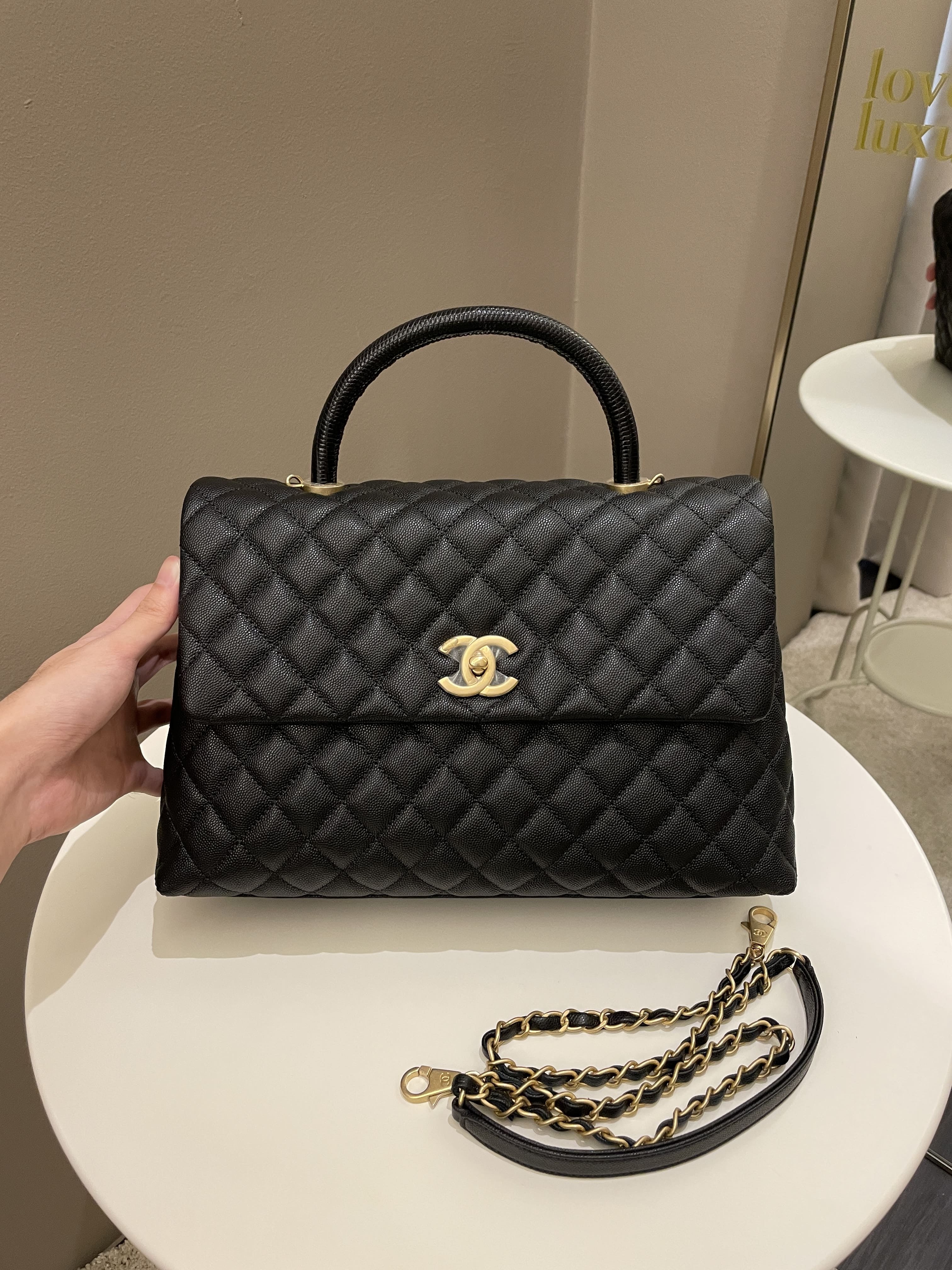 Chanel Classic Quilted Coco Lizard Handle Black Caviar