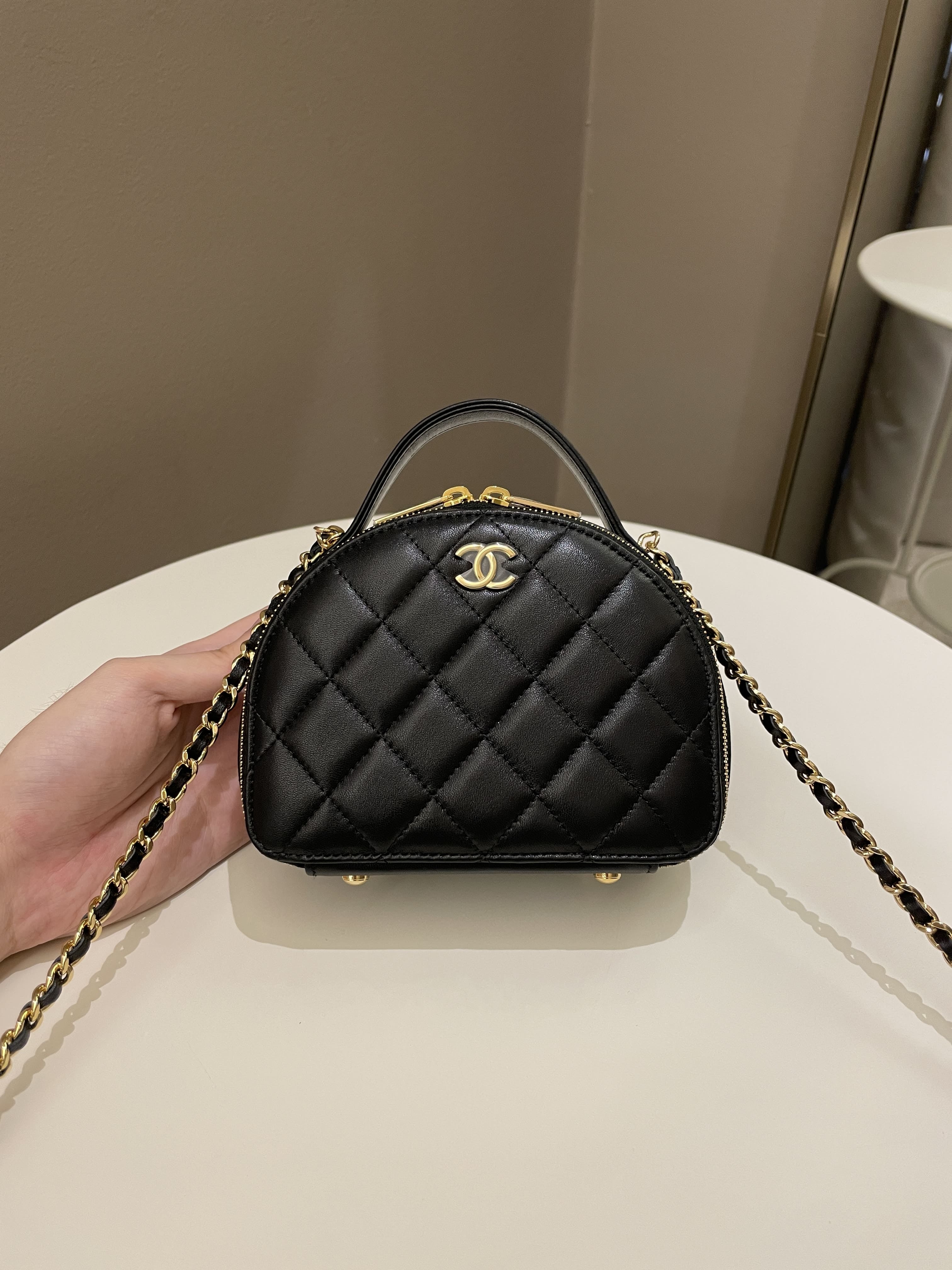 New 23C CHANEL Black Quilted Mini Small Vanity Top Handle Bag Handbag Gold  