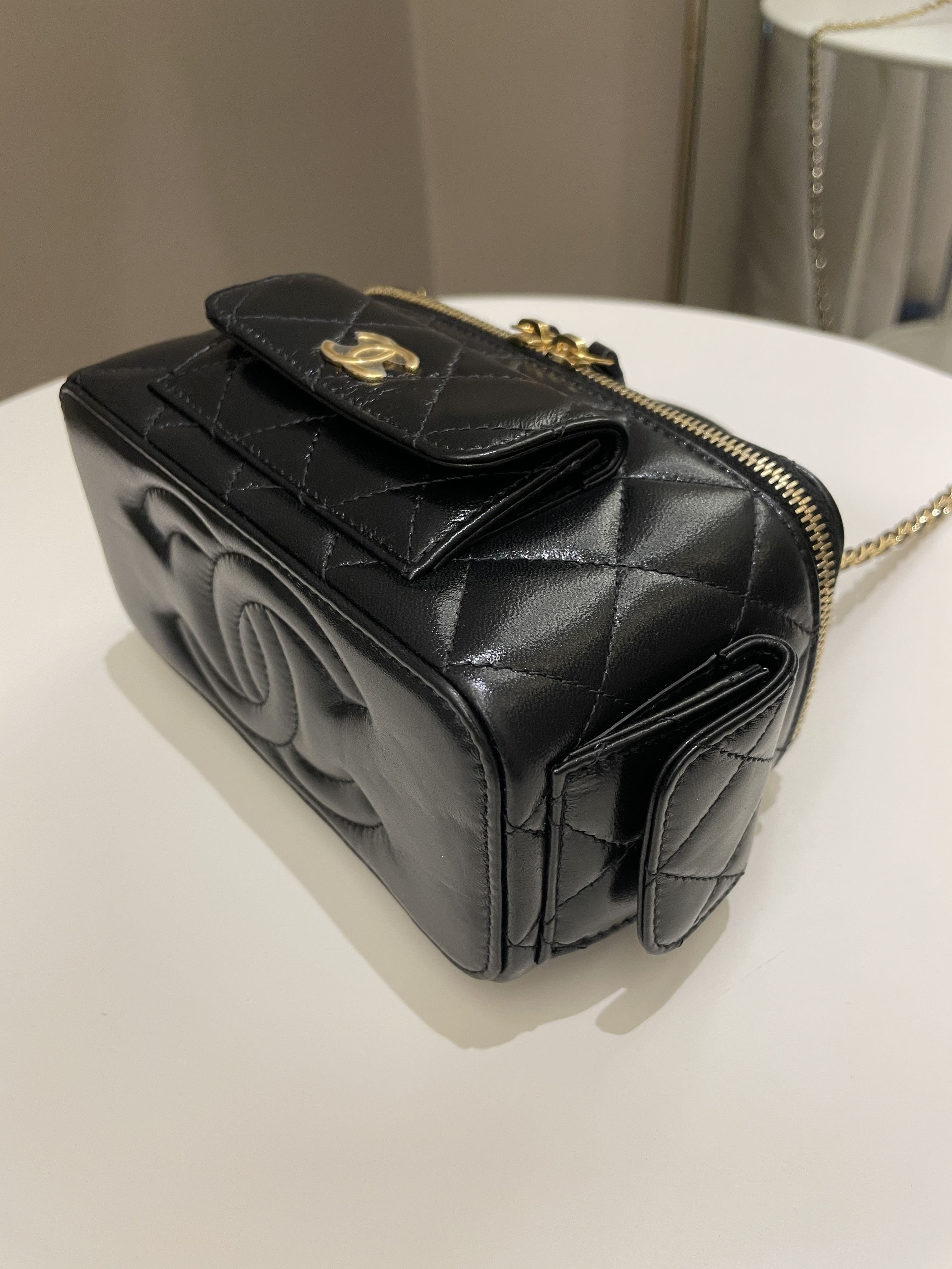 Chanel Polly Pocket Multi Pocket Vanity Case Bag Black Lambskin