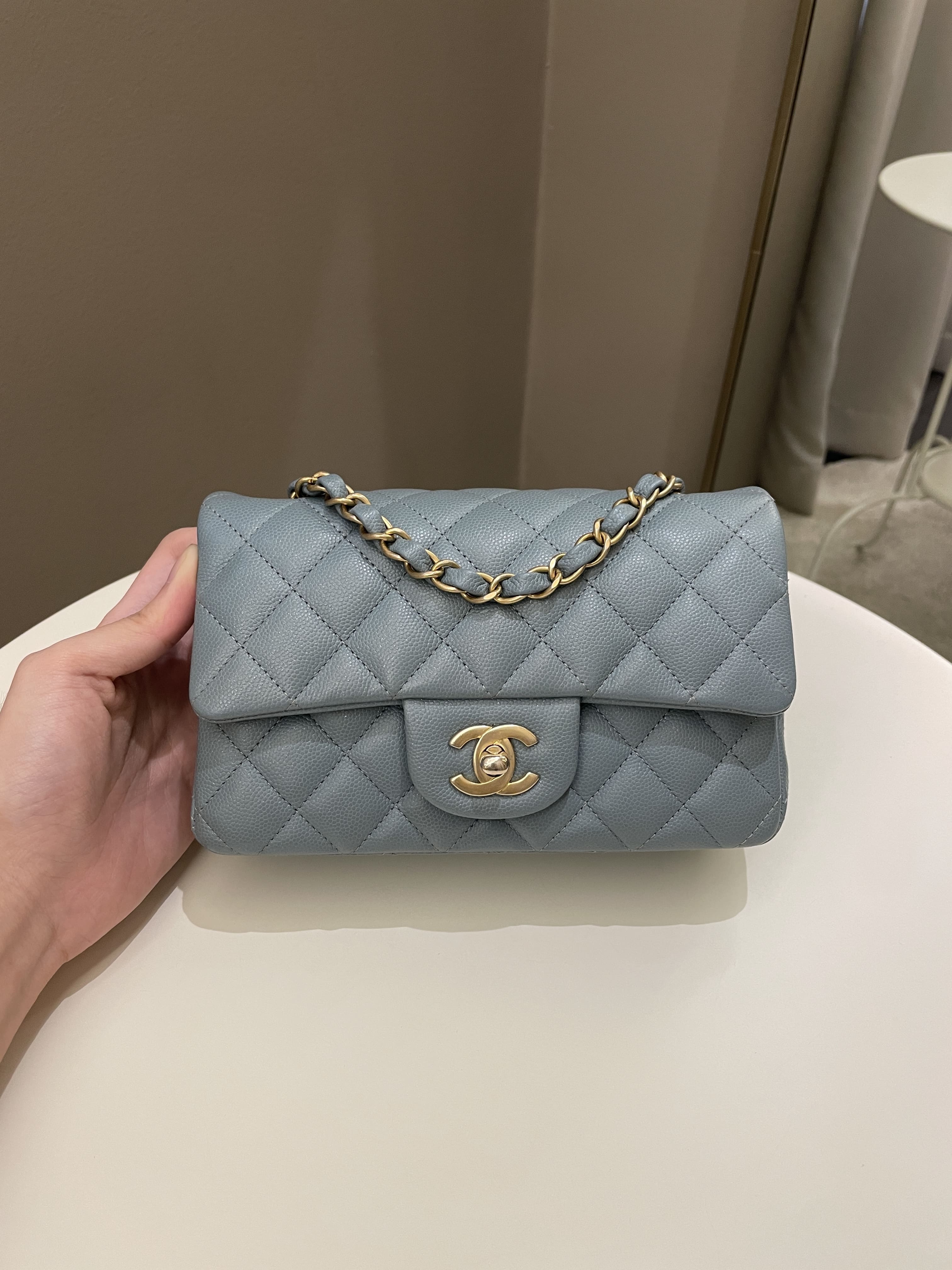 Chanel 18C Quilted Mini Rectangular Ash Blue Green Iridescent