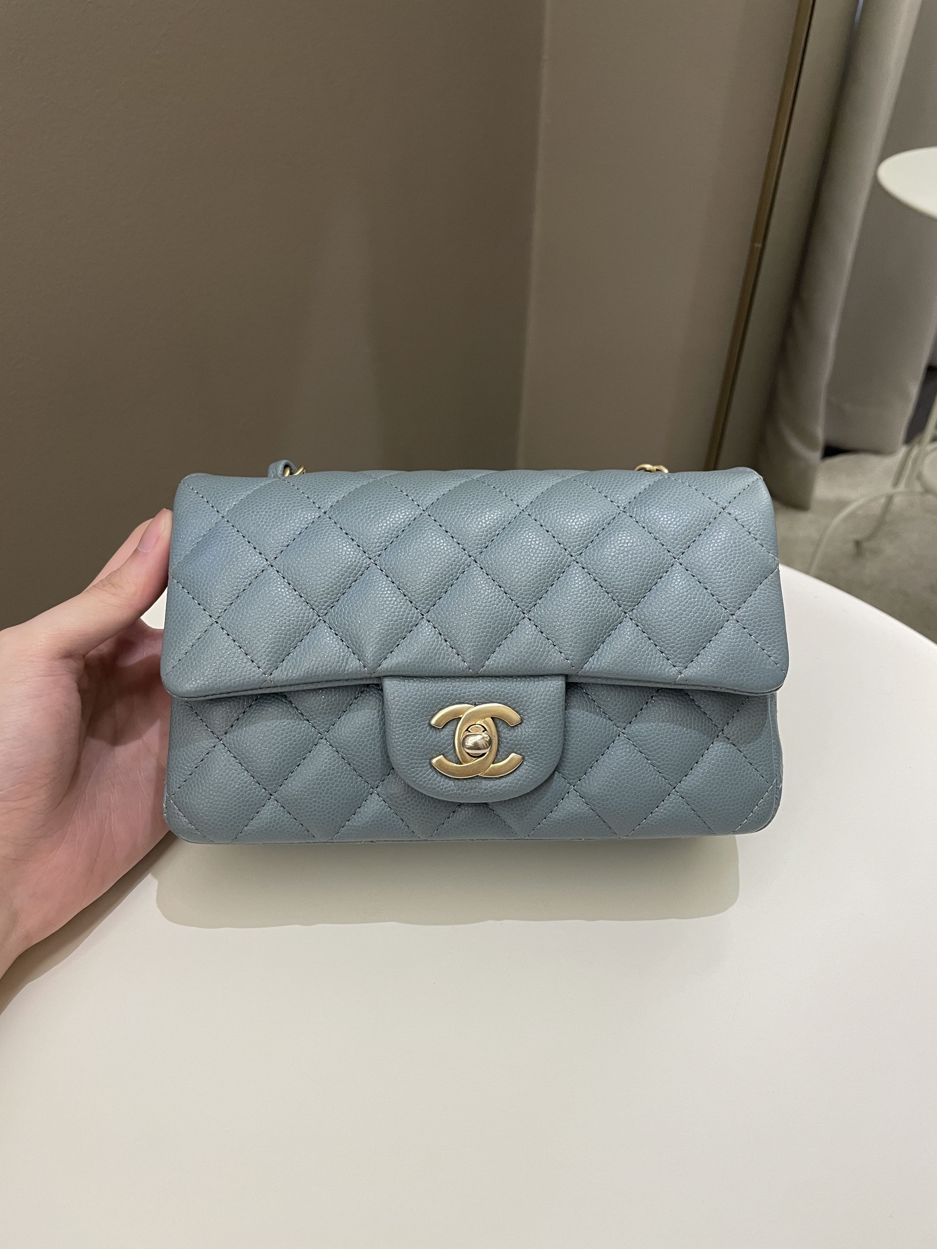 Chanel Quilted Mini Rectangular Flap Iridescent Blue Green Aged Gold  Hardware 18C