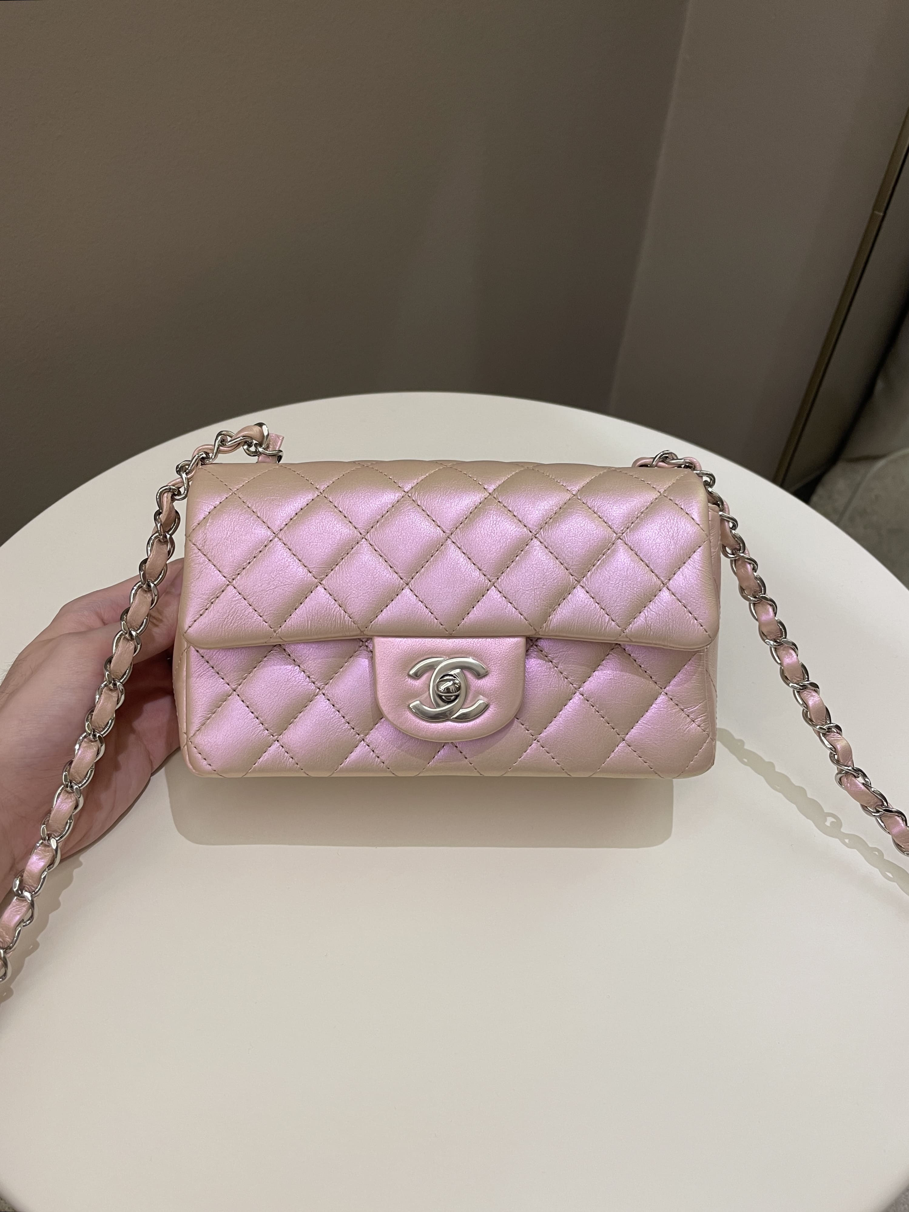 Chanel 21K Quilted Mini Rectangular Iridescent Pink Calfskin