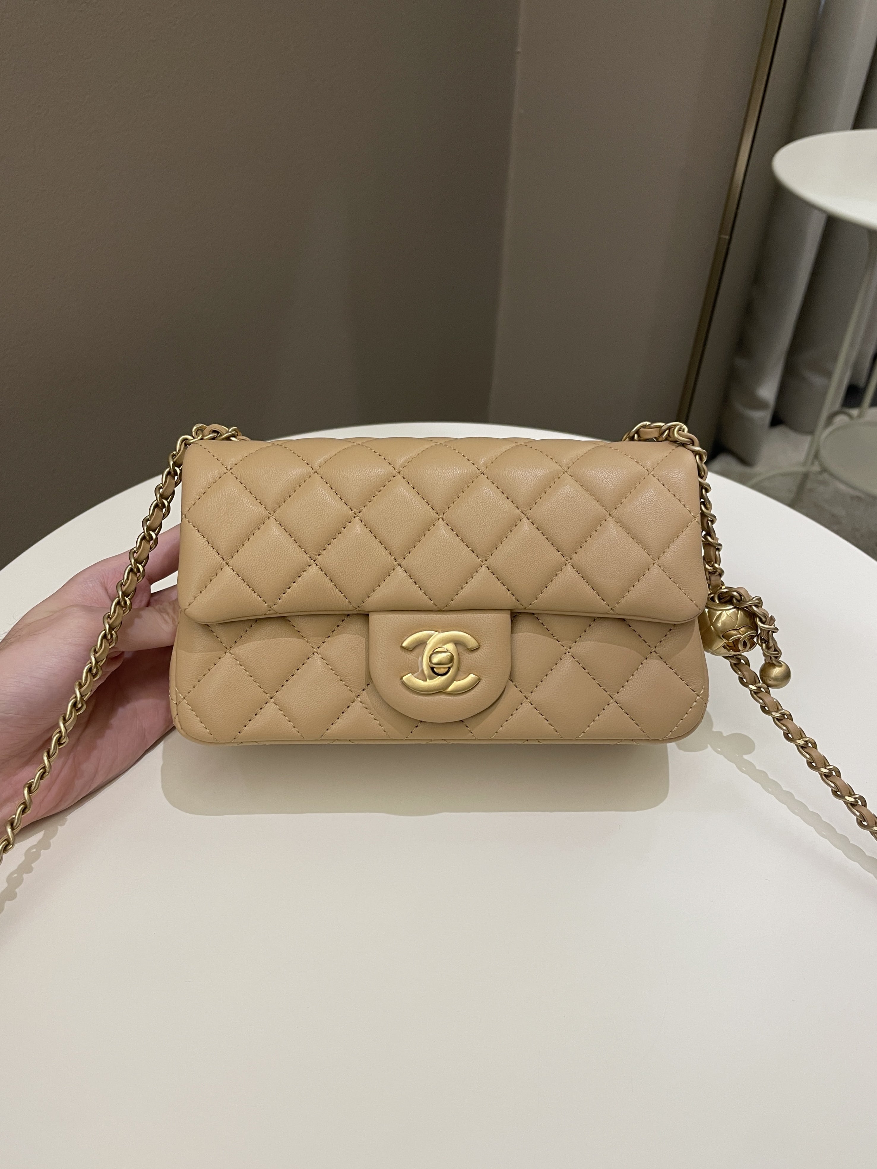 Chanel Pearl Crush Mini Rectangular Flap Bag Green Lambskin Antique Gold  Hardware