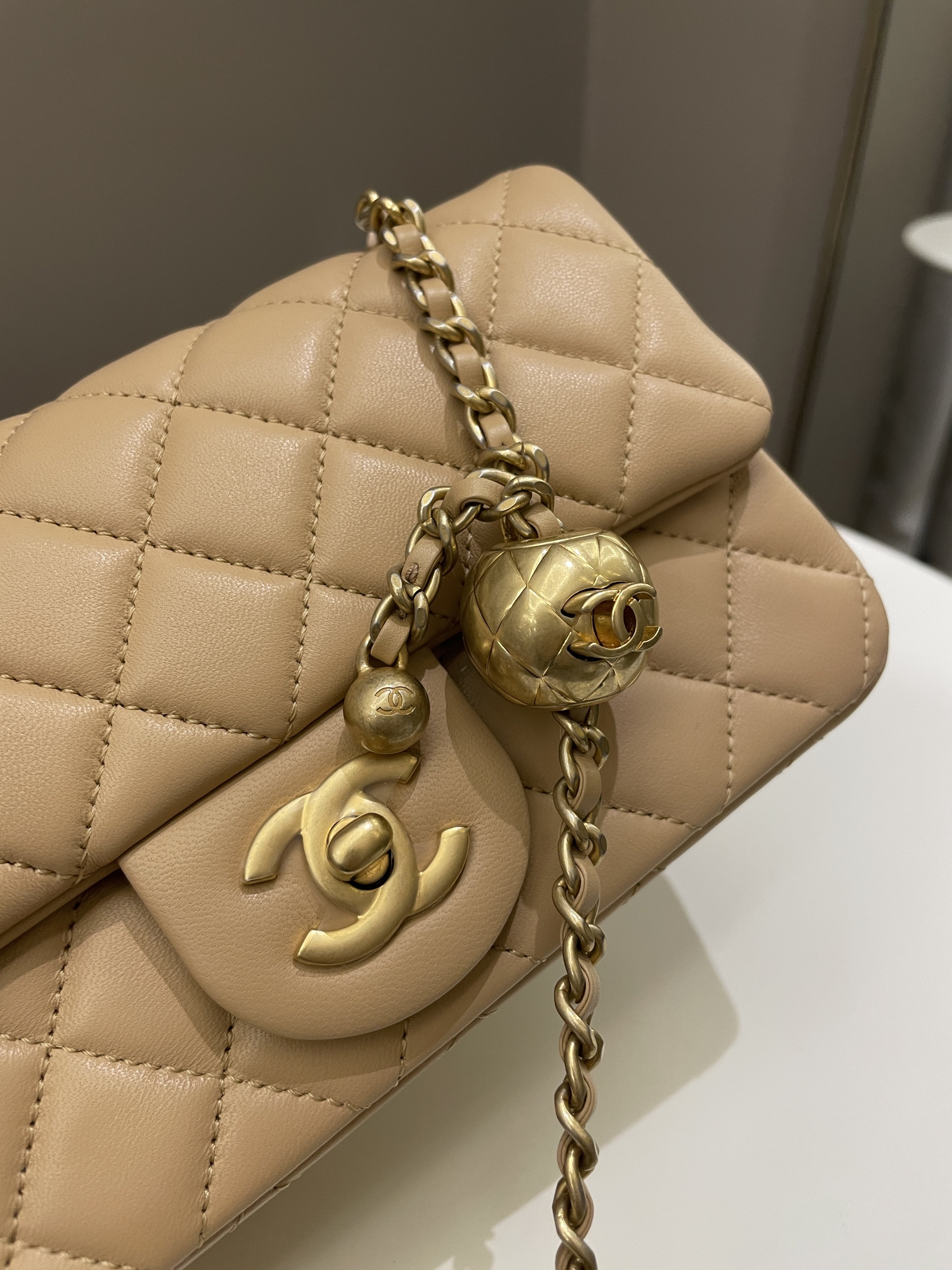 Chanel Pearl Crush Quilted Mini Rectangular Beige Lambskin