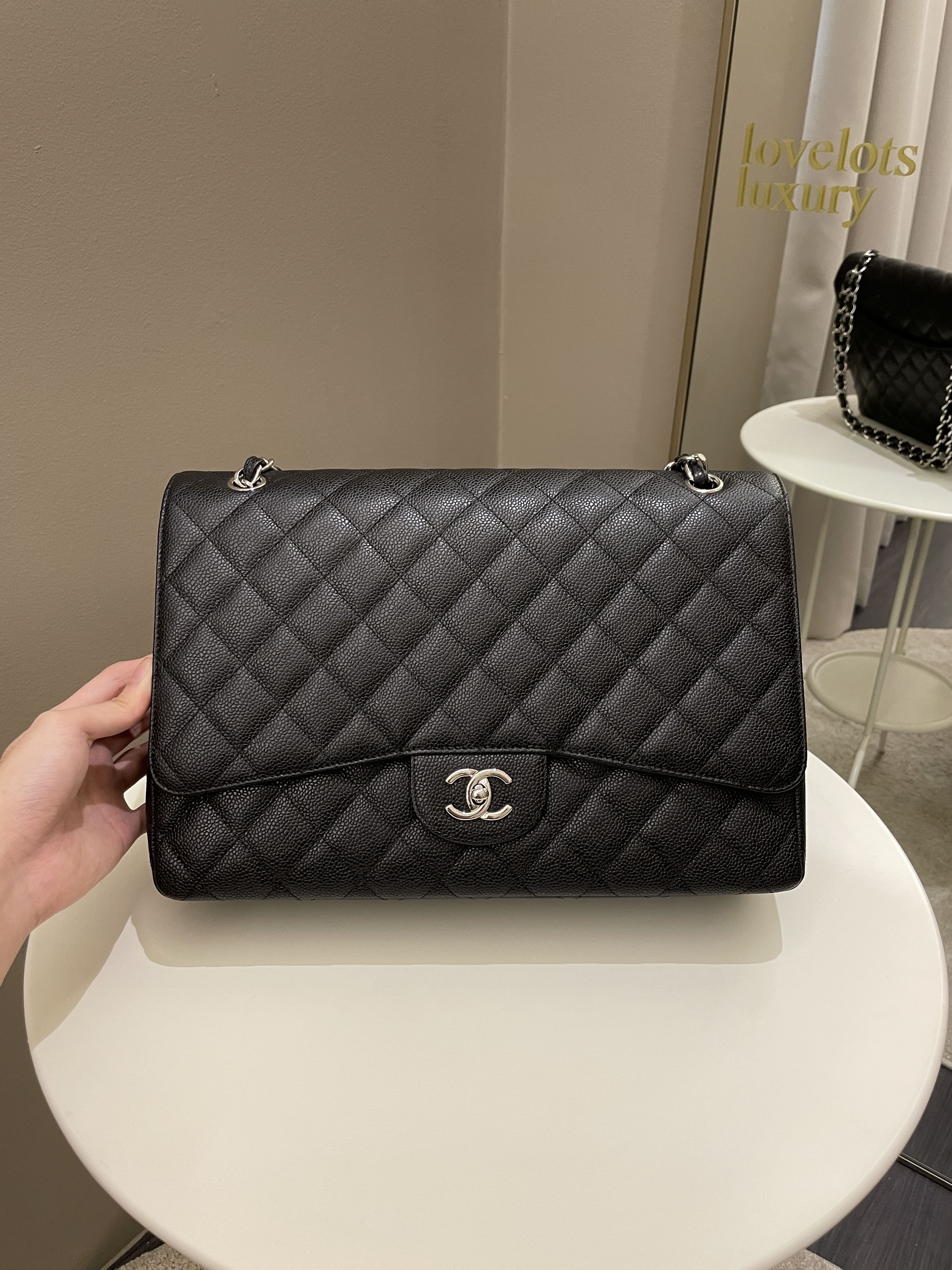 CHANEL Black Caviar Leather Classic Maxi Double Flap Bag Silver Hardwa -  The Purse Ladies