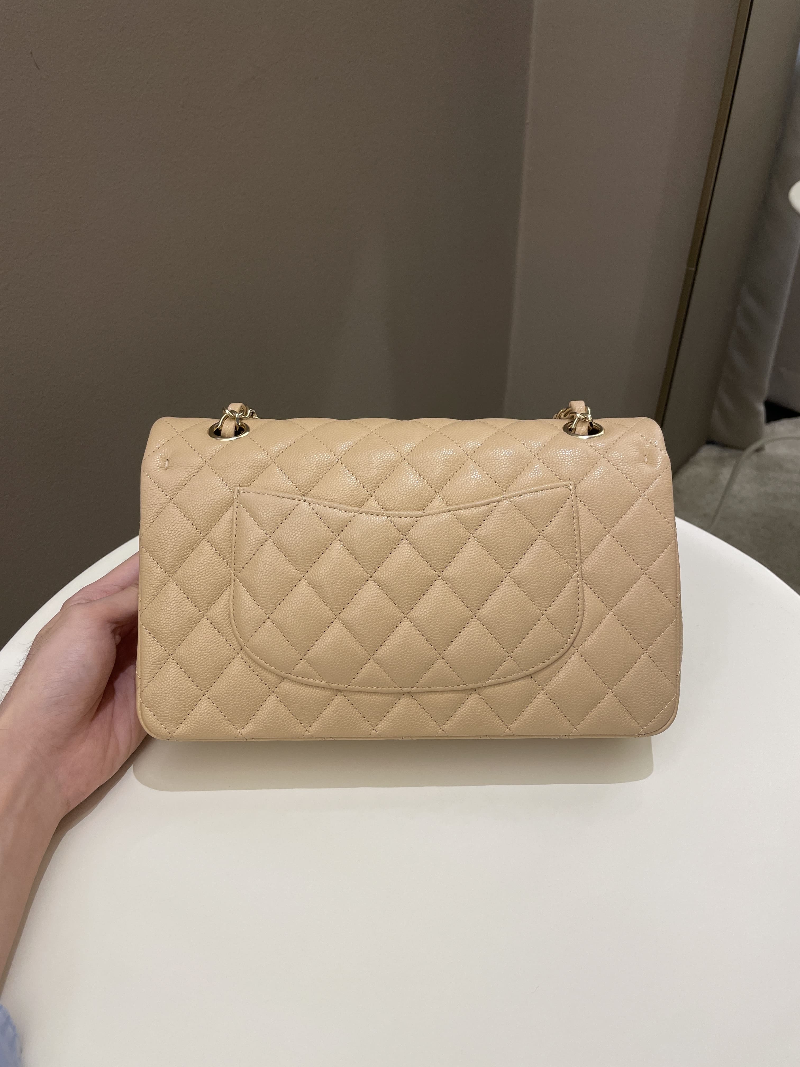 Chanel Beige Clair Quilted Caviar Leather Classic Medium Double