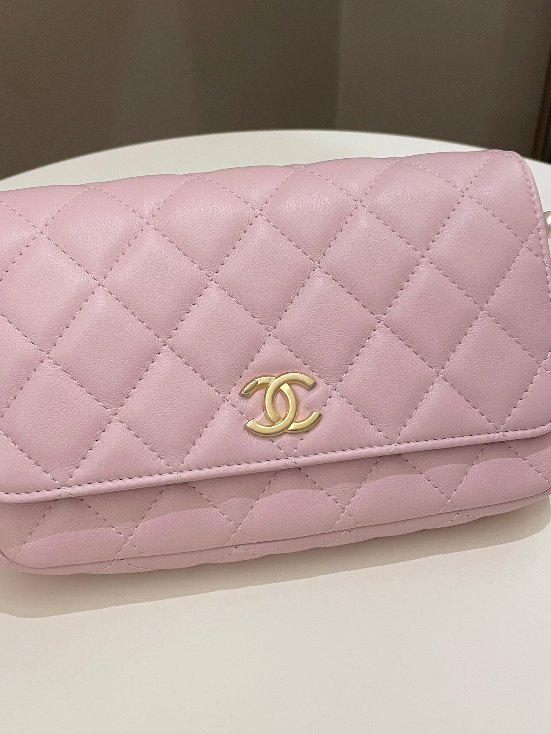 Chanel 21S Quilted Wallet On Chain With Pearl Baby Pink Lambskin