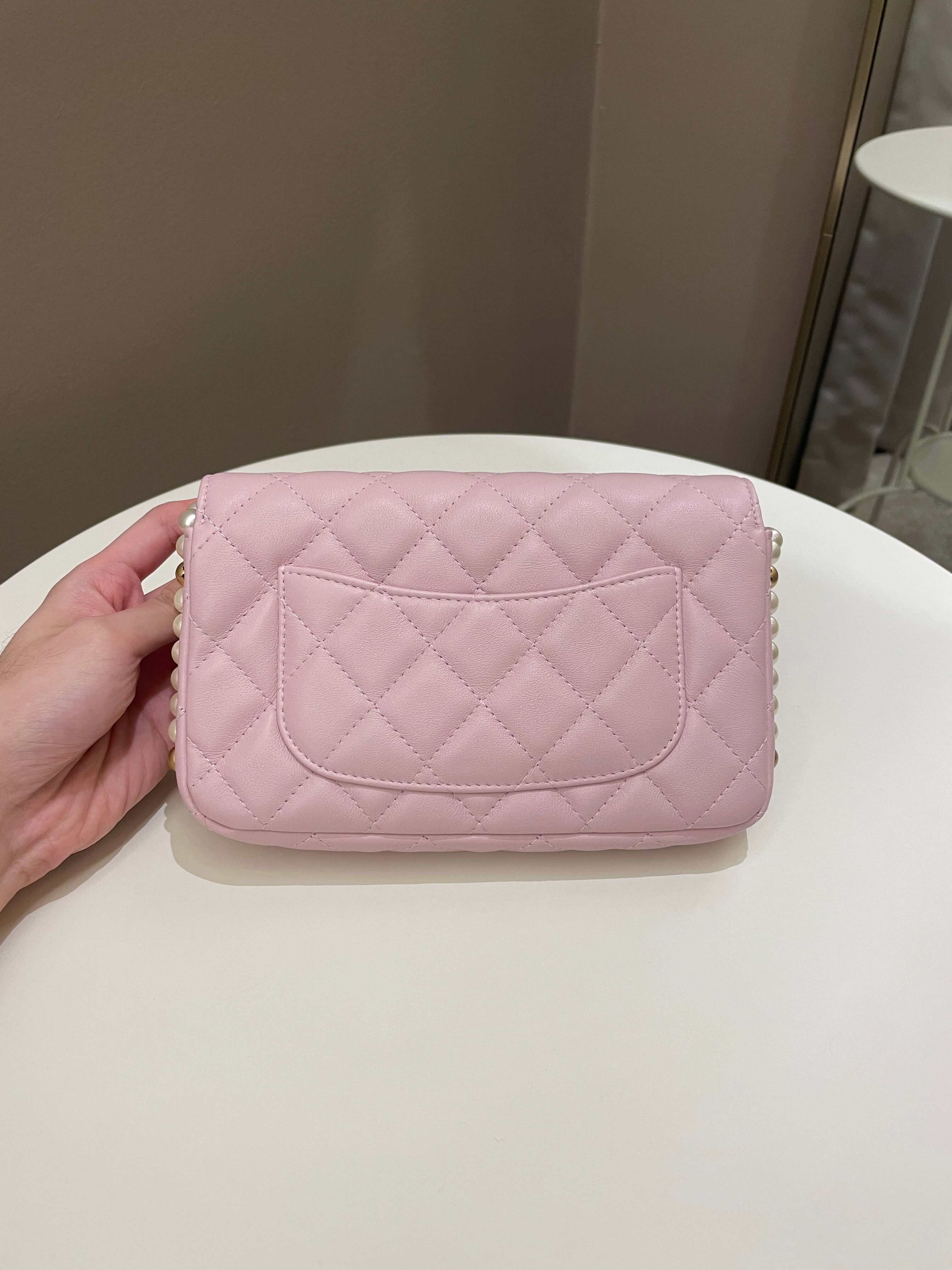 Brand New In Box Chanel Pink Faux Pearl Lambskin Small Wallet on Chain