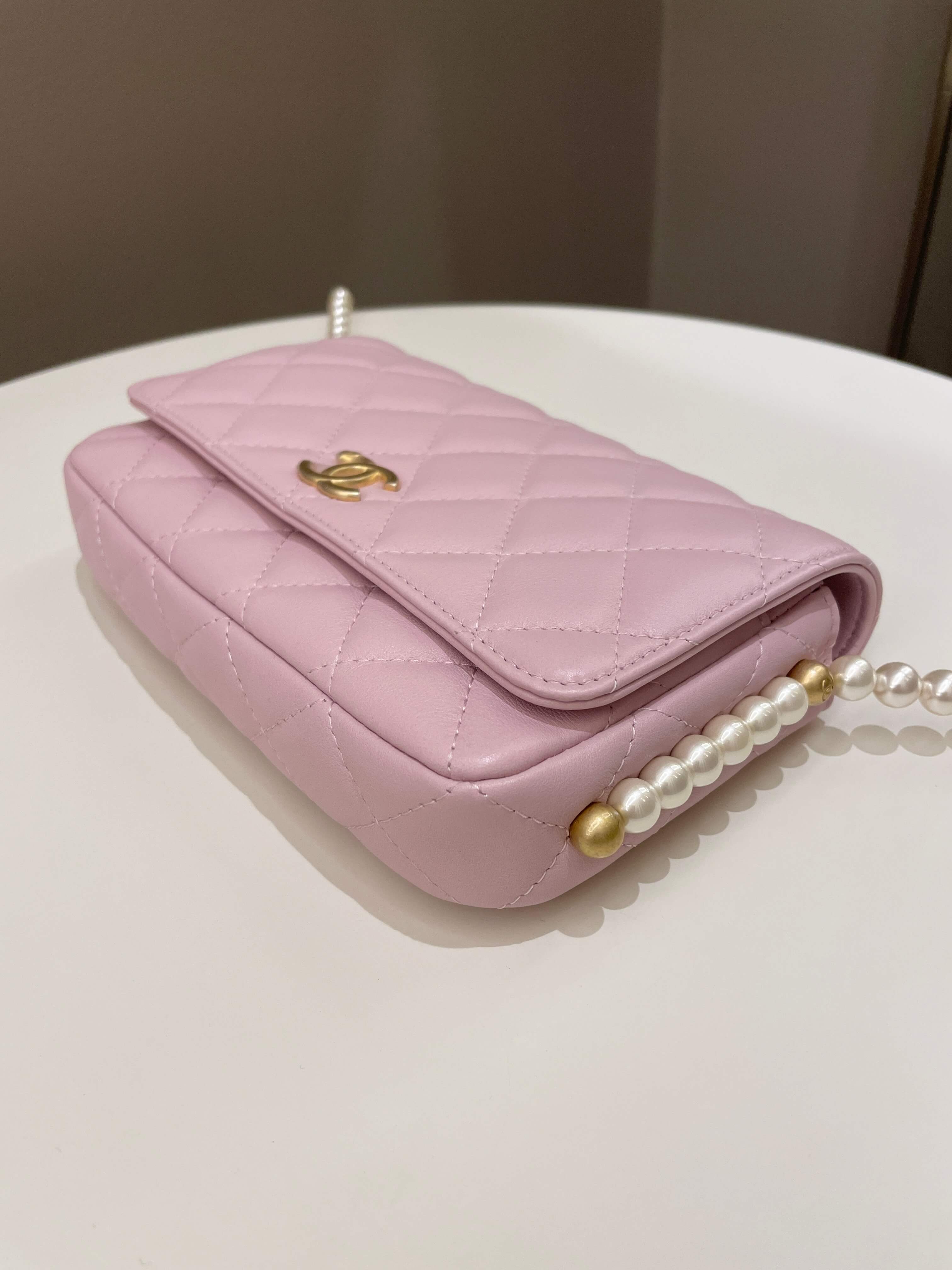 Chanel 21S Quilted Wallet On Chain With Pearl Baby Pink Lambskin