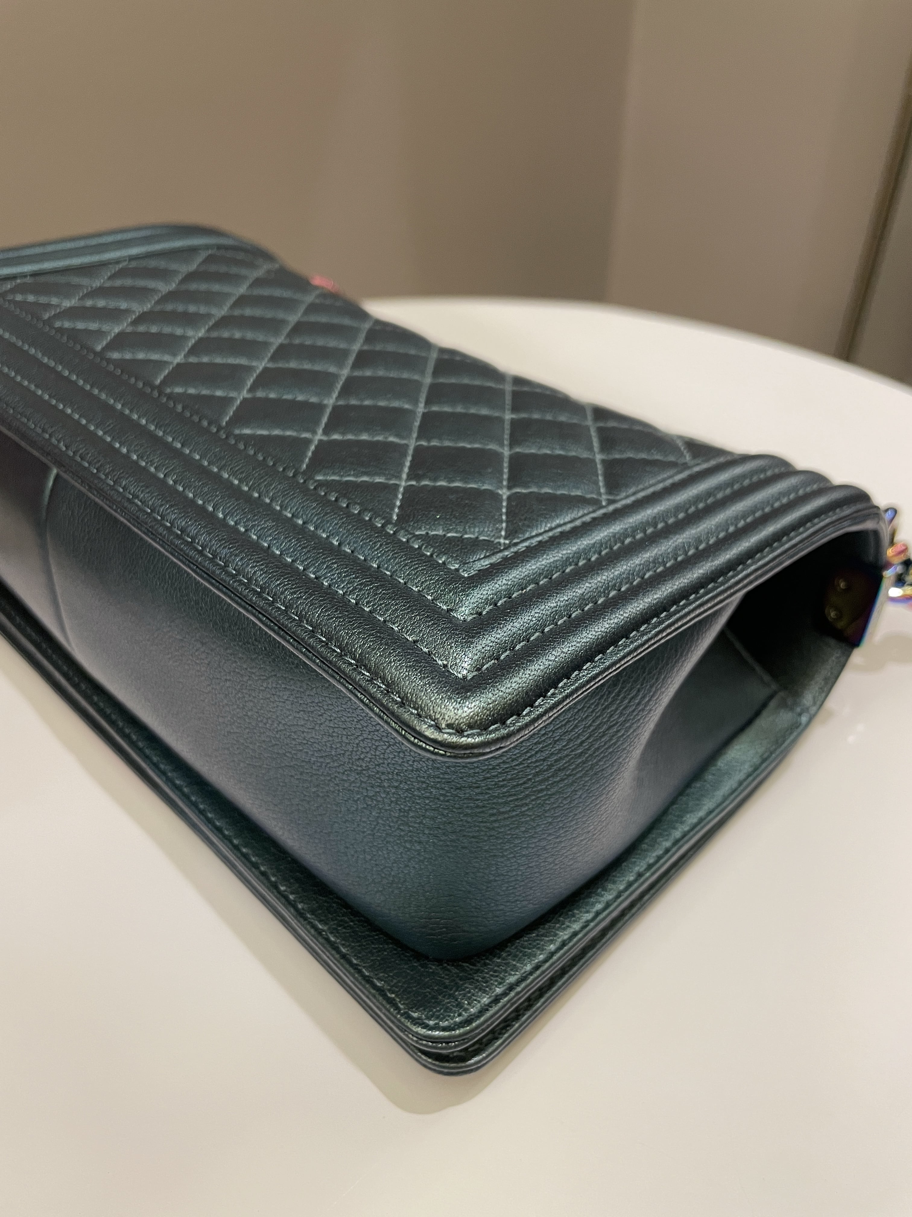 Chanel Quilted Mermaid Boy Old Medium Green Iridescent Goat Skin
