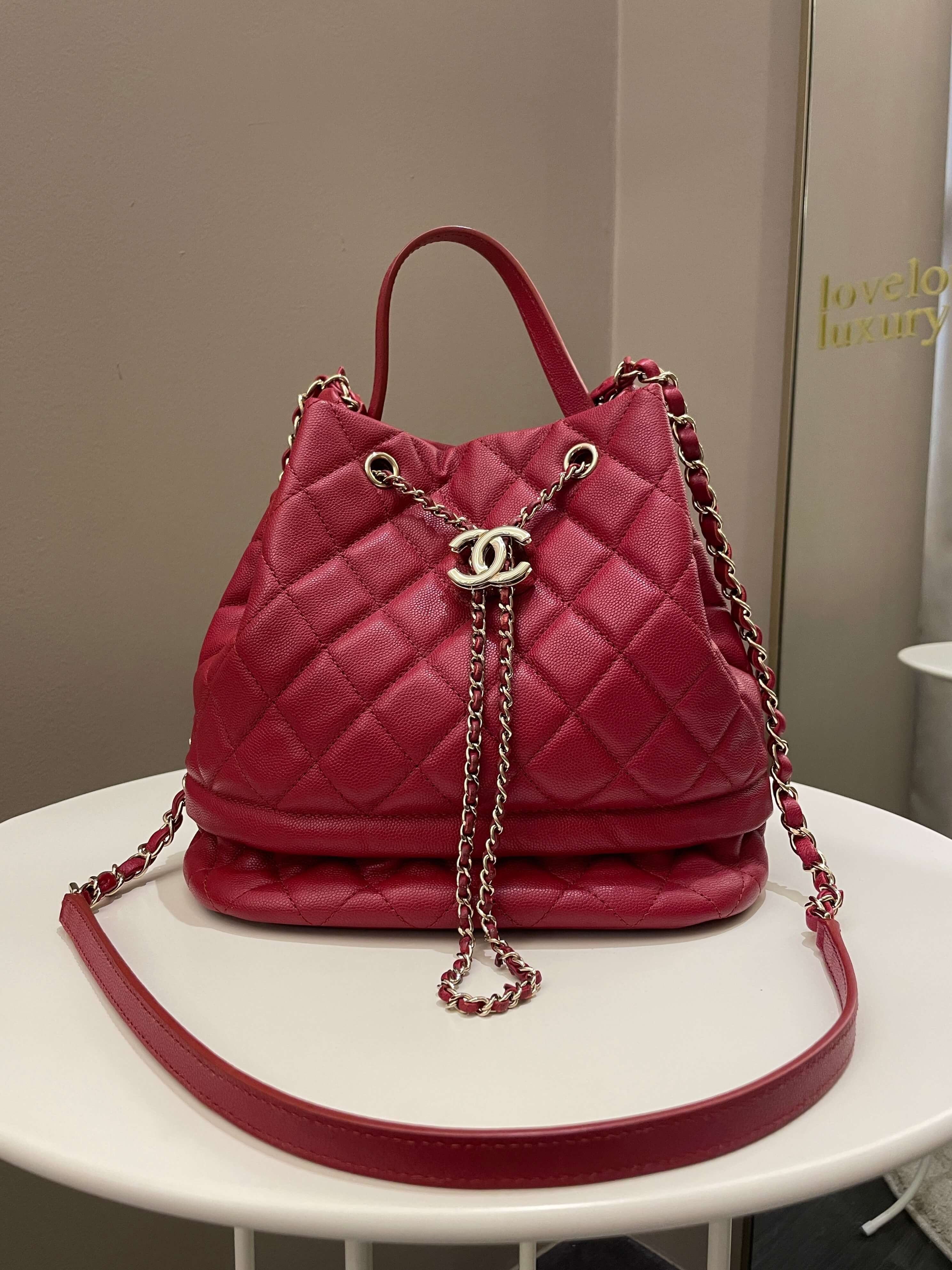 Chanel Rolled Up Bucket Drawstring Bag Red Caviar