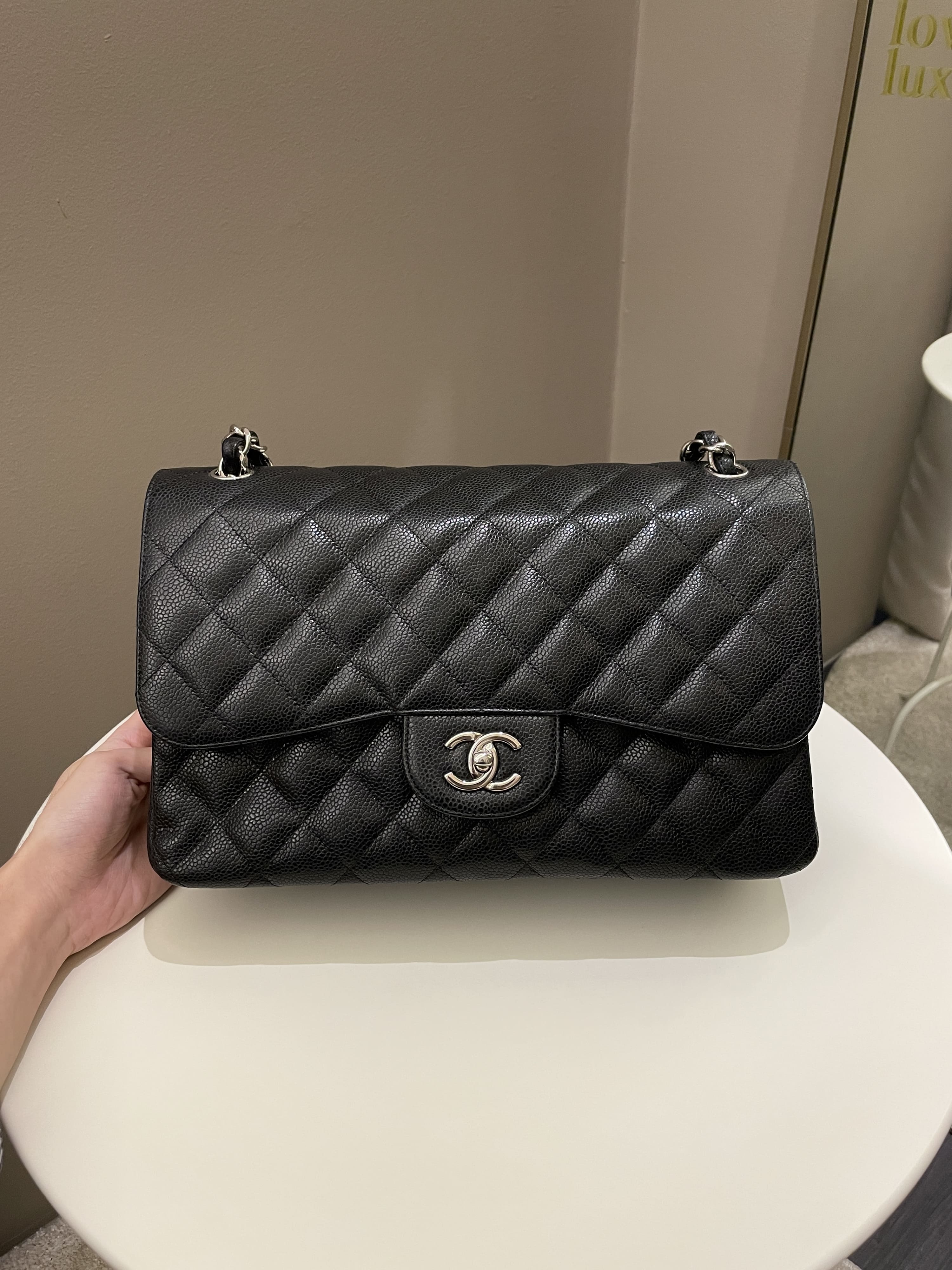 Chanel Classic Jumbo Double Flap Quilted Caviar Leather Shoulder Bag Black