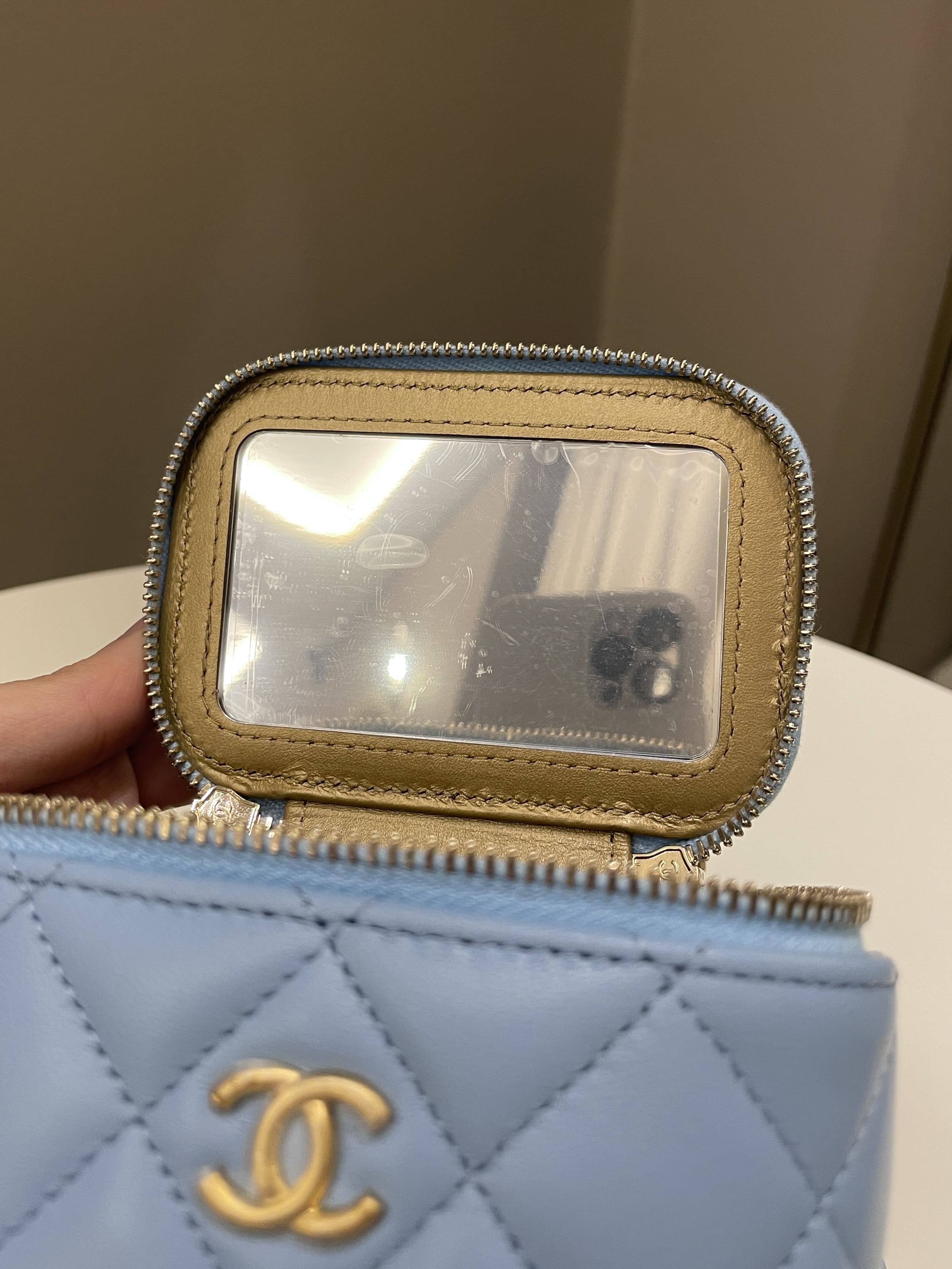 Chanel Quilted Pearl Crush Mini Vanity Cube Sky Blue Lambskin