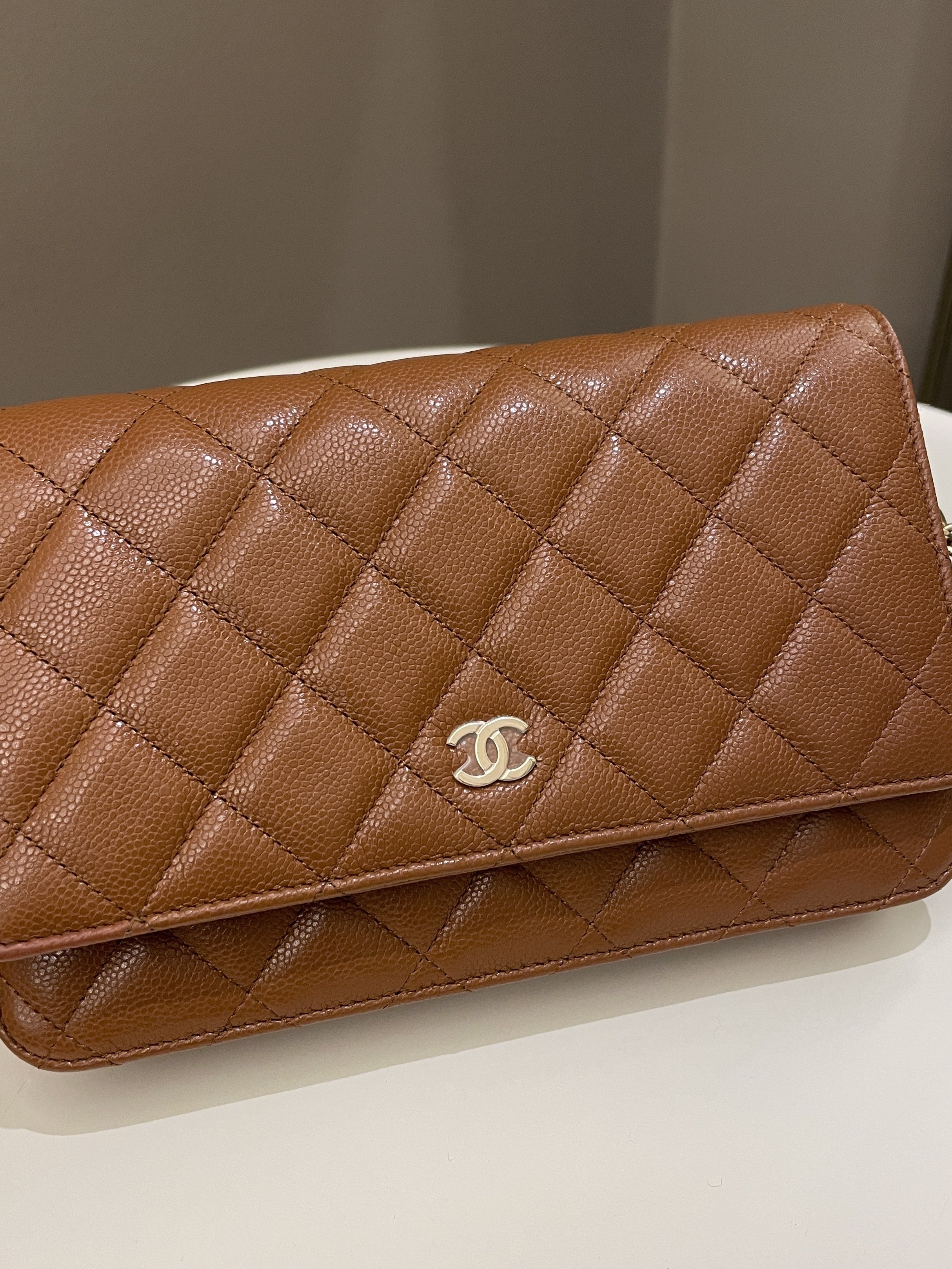 Chanel 23A Cc Quilted Wallet on Chain Tan Brown Caviar