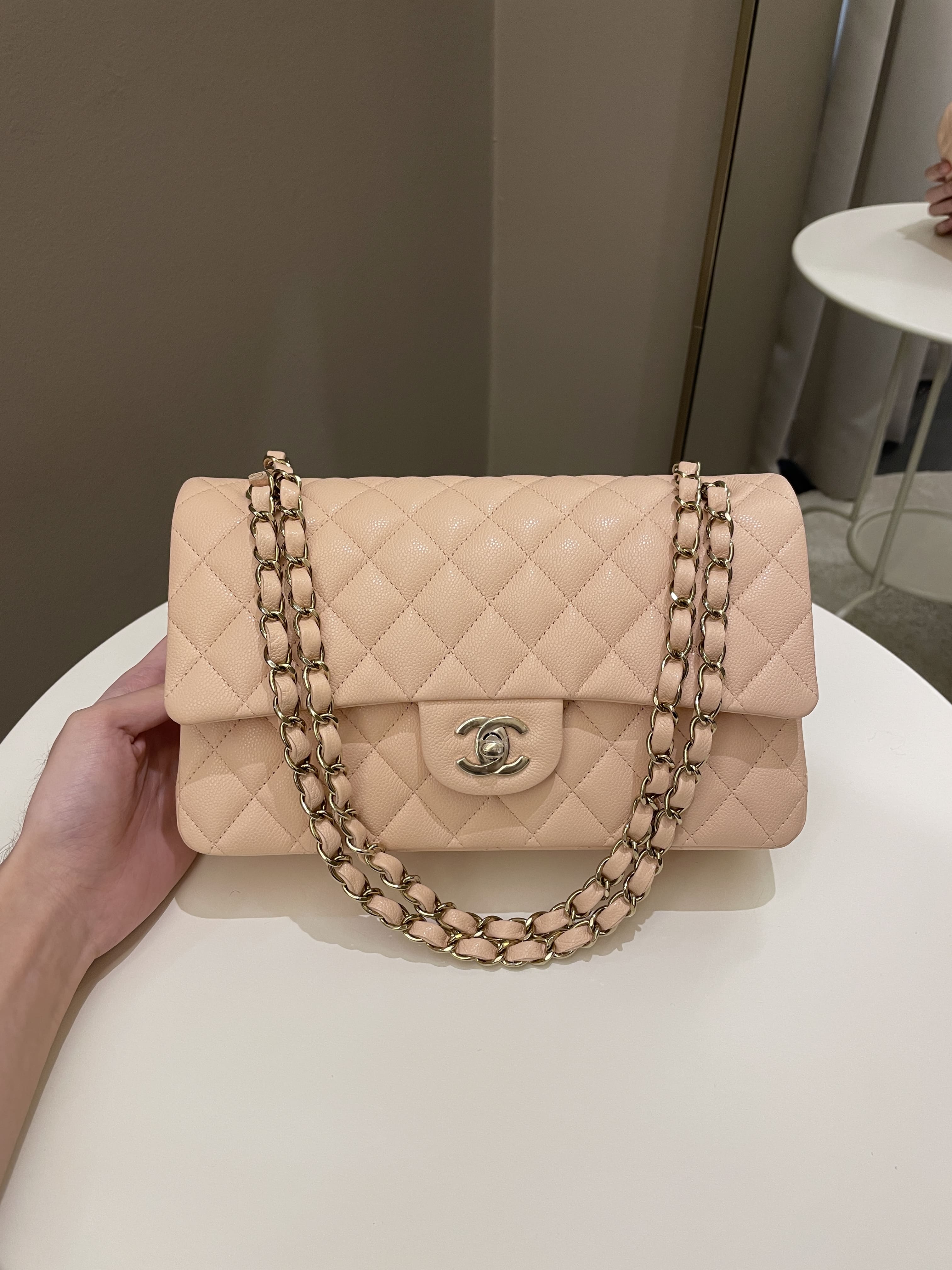 Chanel Classic Double Flap Quilted Caviar Medium Beige in Caviar