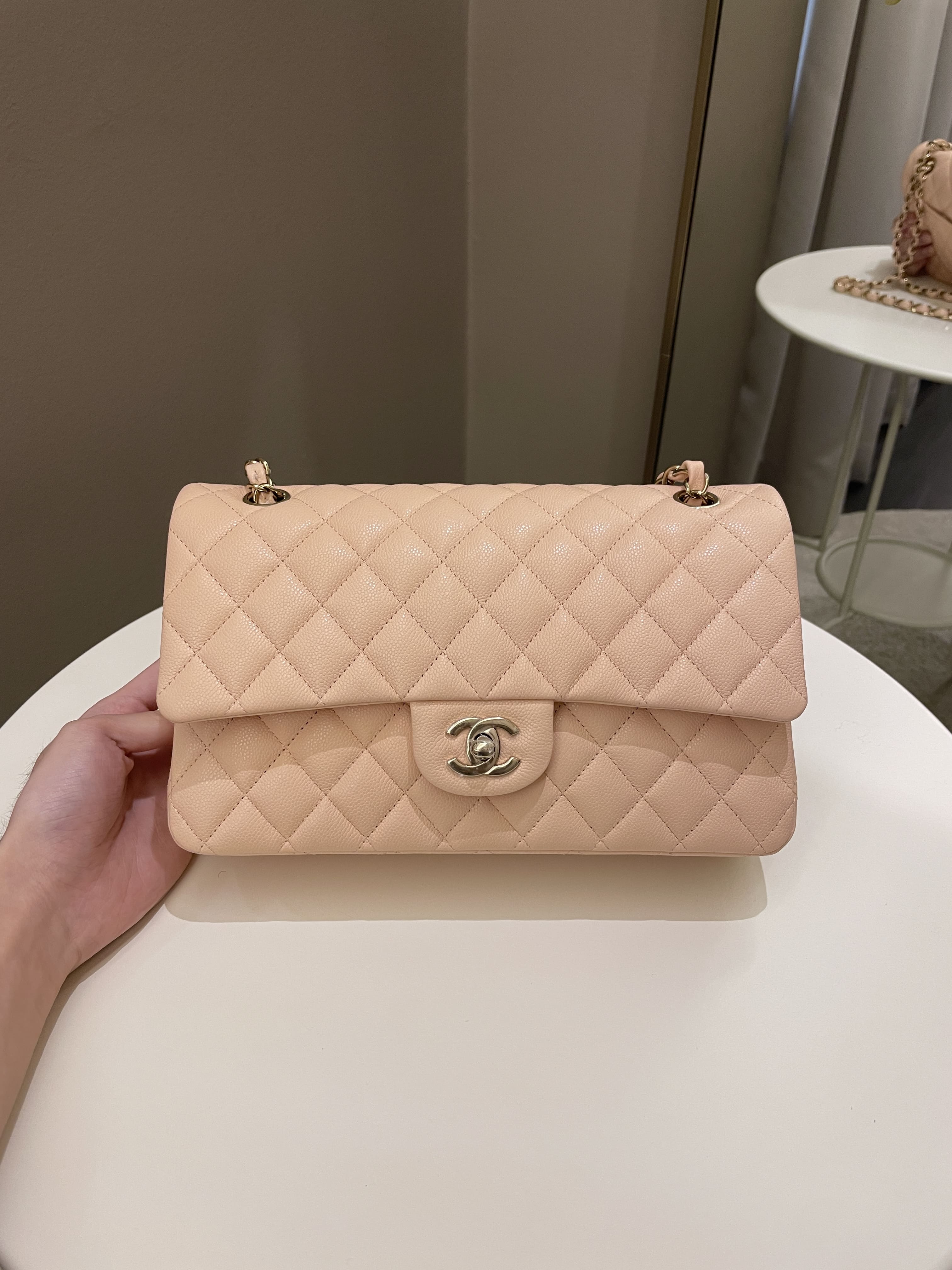 Chanel Classic Small Double Flap Beige Clair Quilted Caviar with