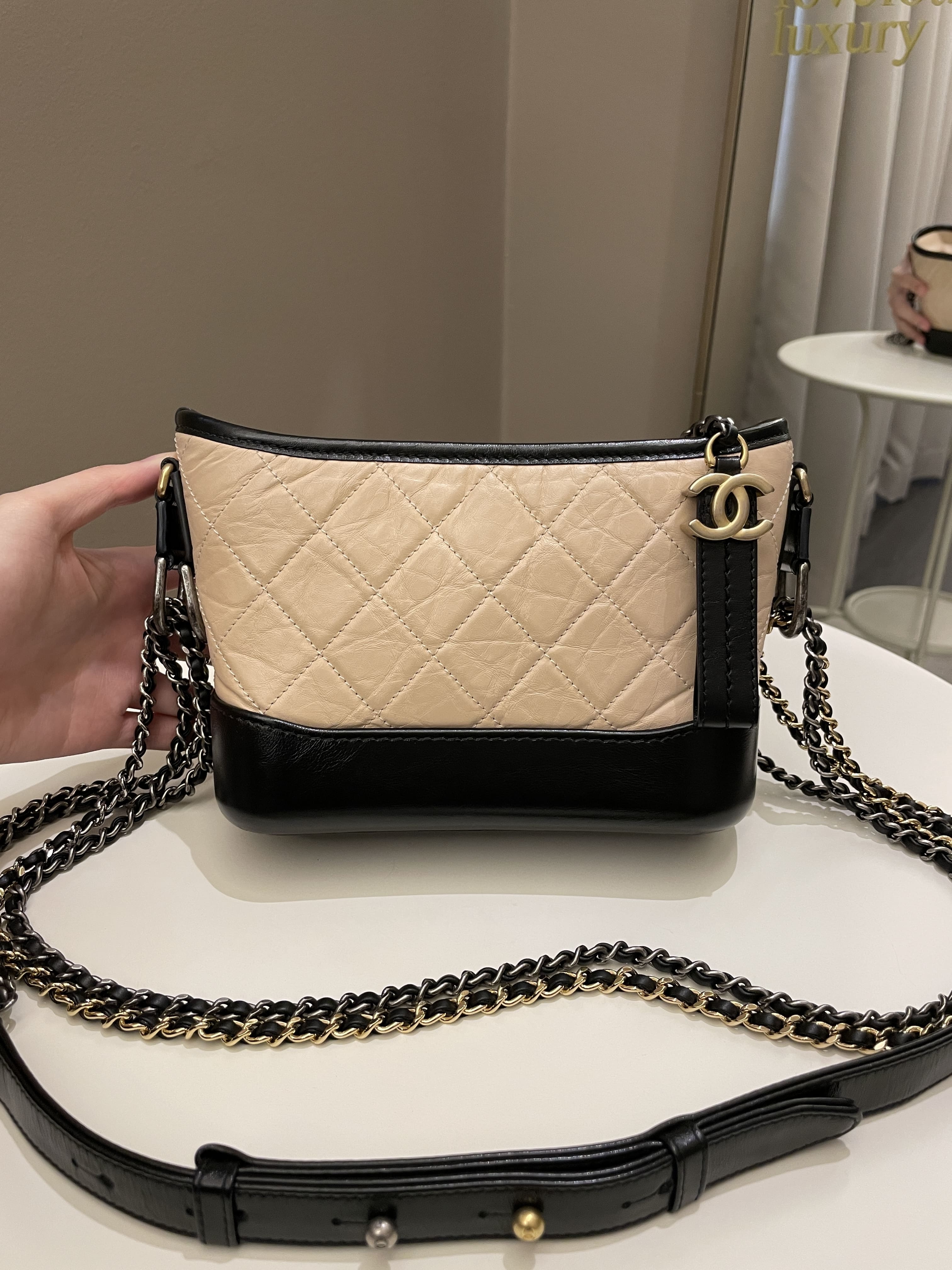 Chanel Beige/Black Quilted Leather Small Gabrielle Hobo Bag