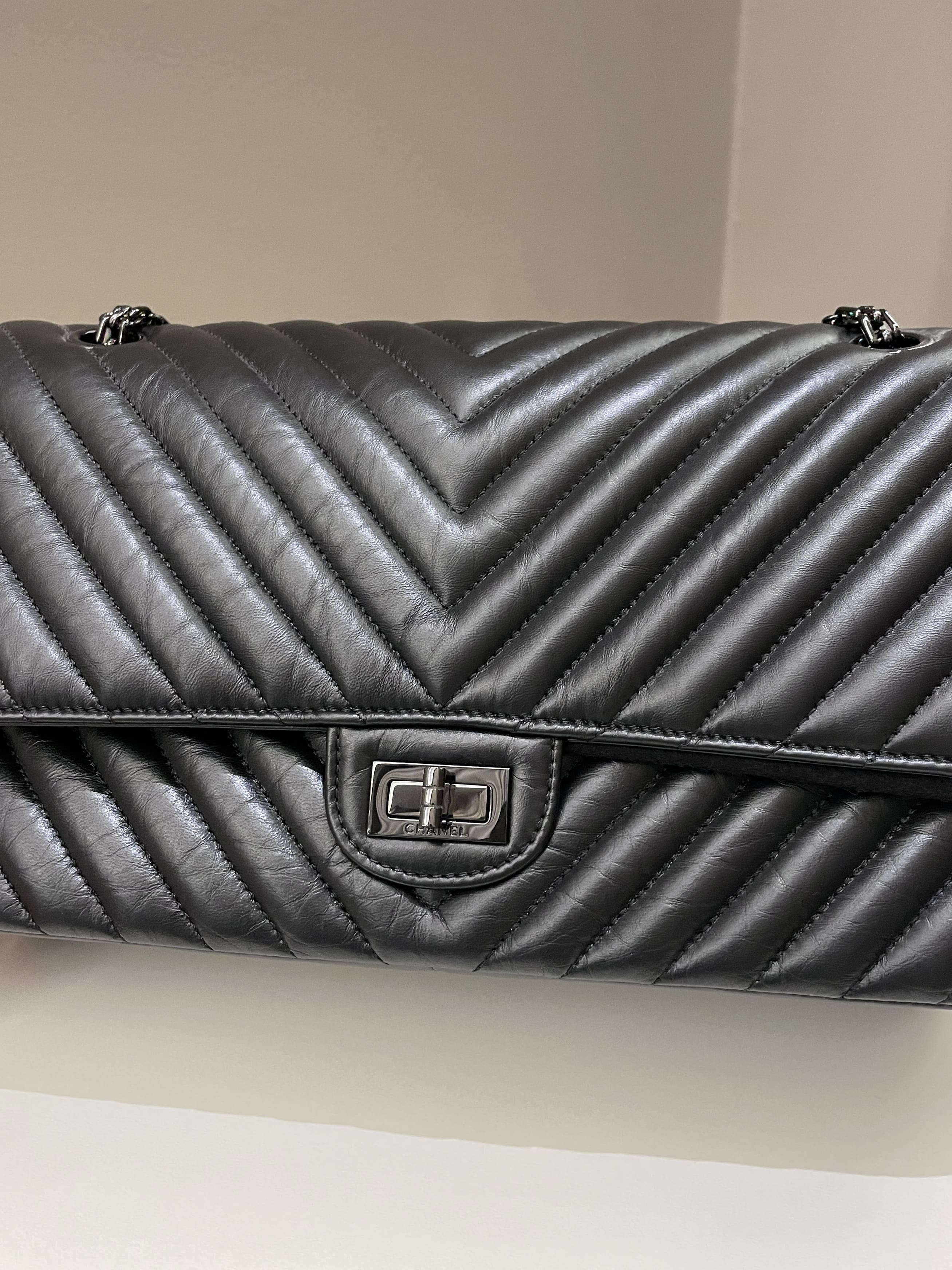 Chanel So Black Reissue 2.55 Flap Bag Chevron Aged Calfskin 225