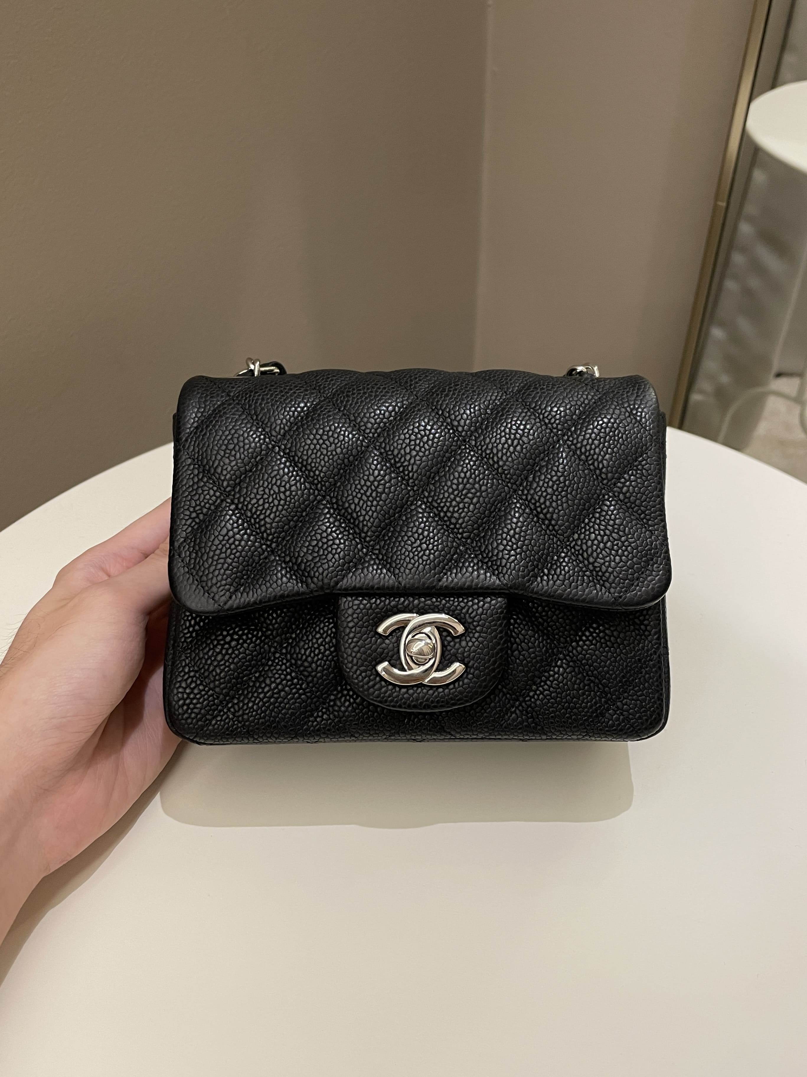 Authentic Chanel Square Mini Flap Bag Black Caviar Grained Calfskin Silver  Hardware Luxury Bags  Wallets on Carousell