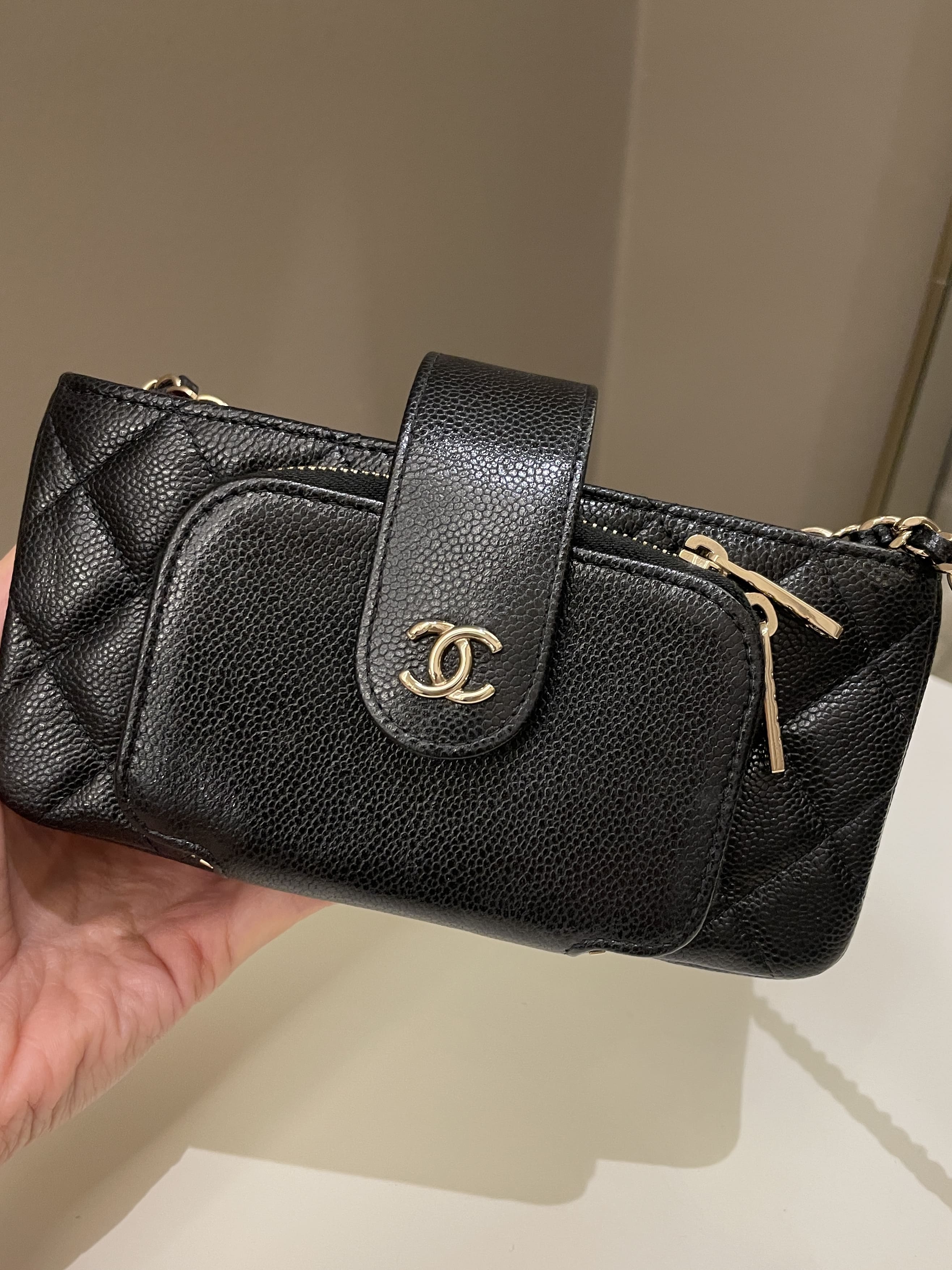 Chanel Black Quilted Leather CC Phone Holder Clutch Chanel