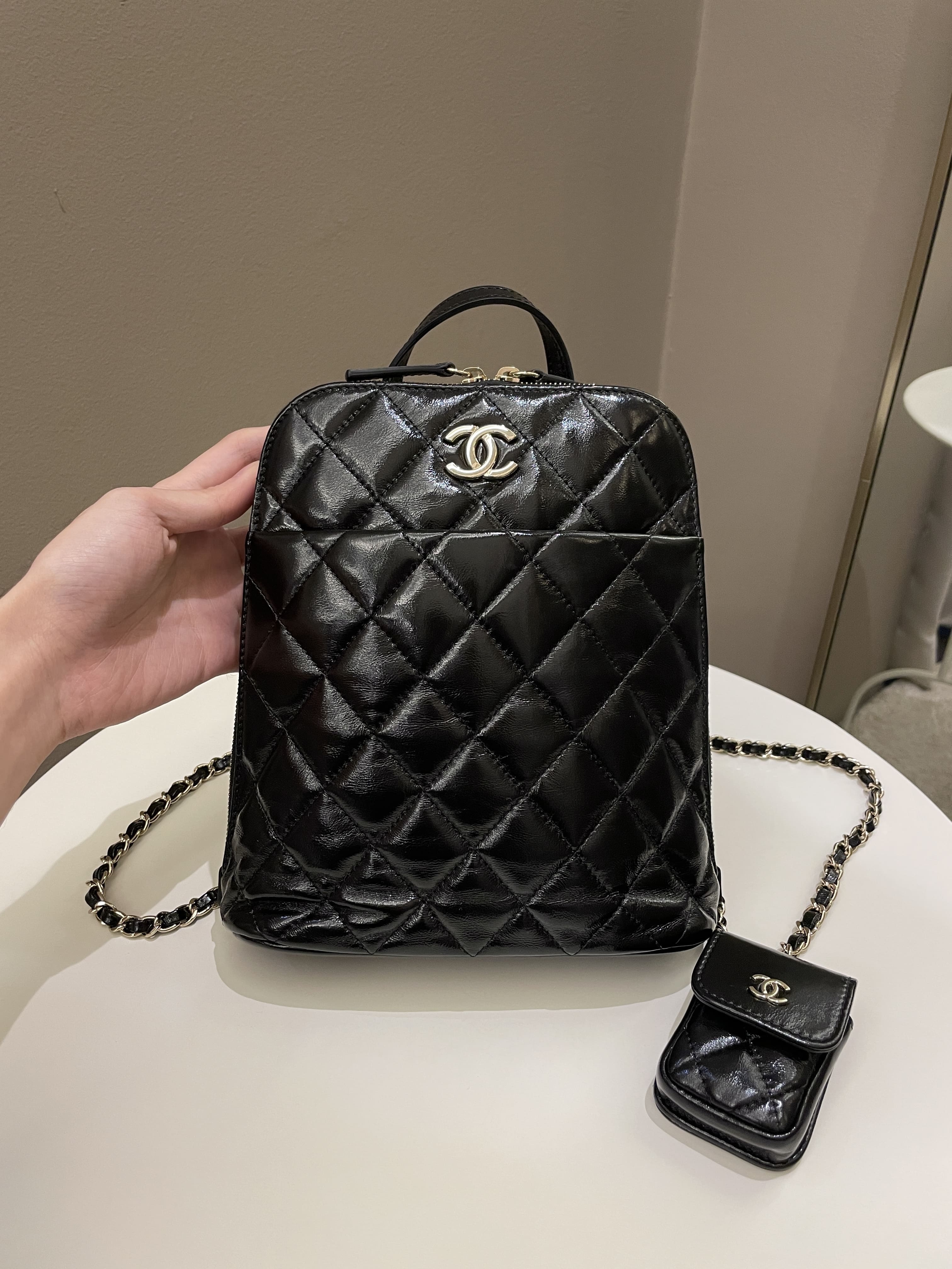 Chanel 22A Quilted My Pocket Backpack Black Coated Calfskin
