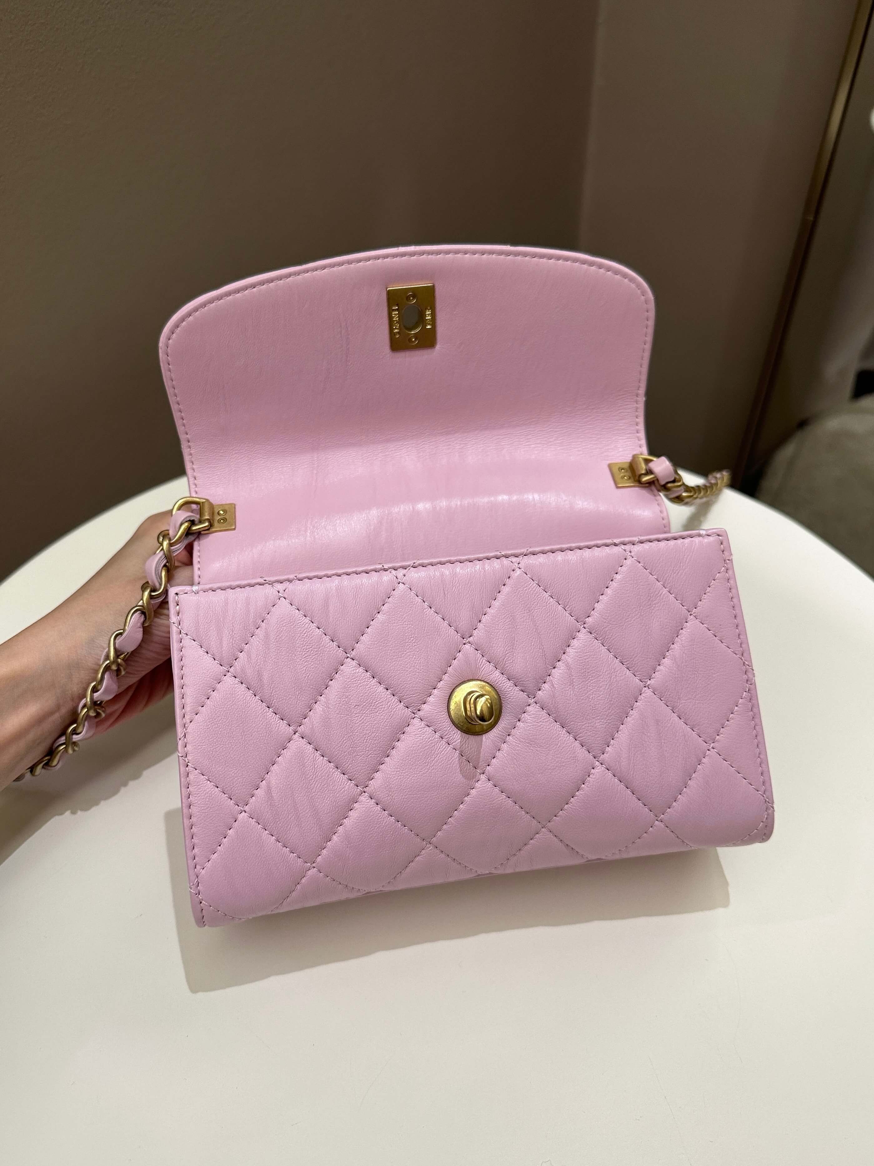 Chanel 21S Quilted Cc Wrapped Top Handle Mauve Pink Aged Calfskin