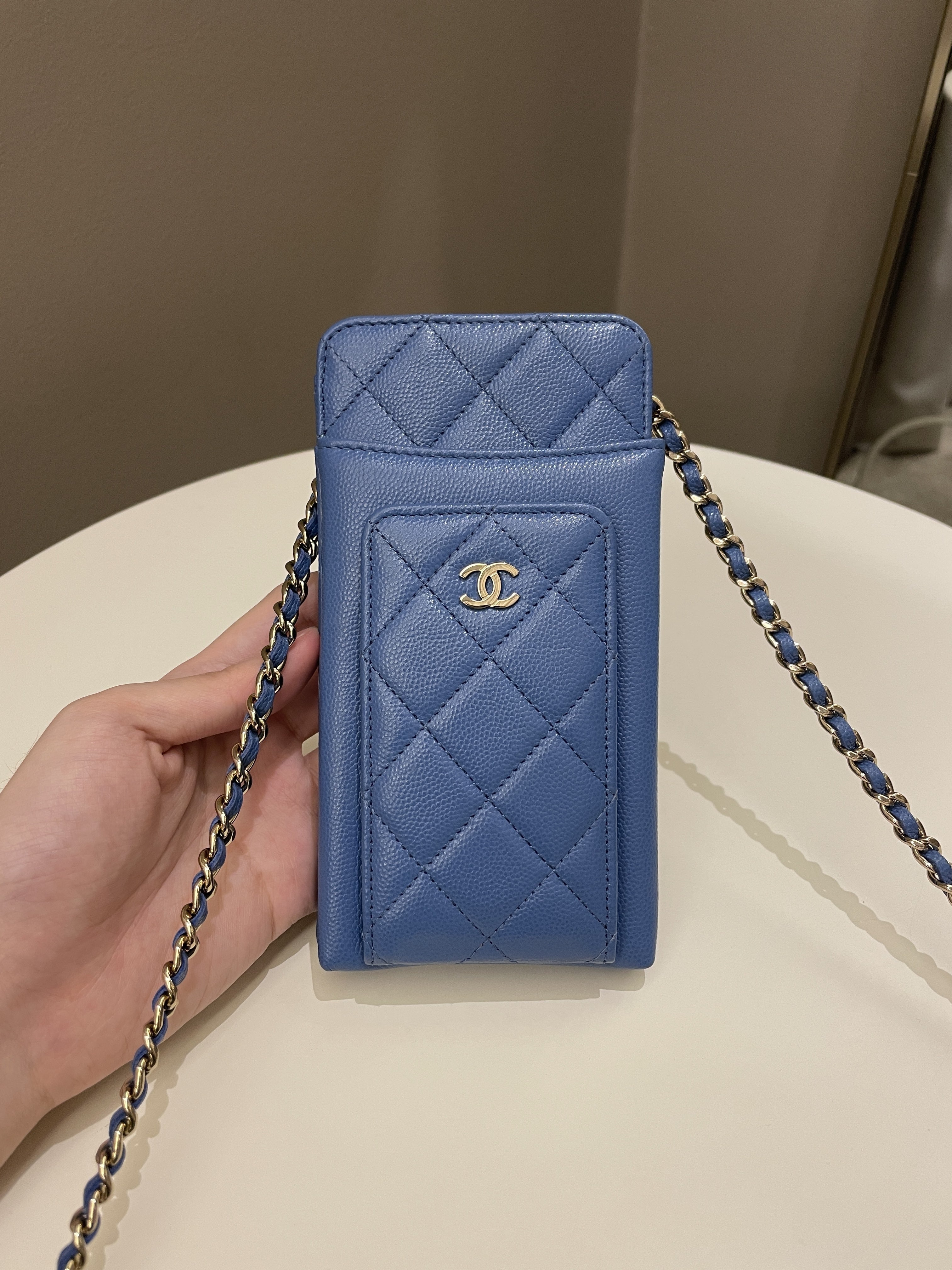 Chanel Classic Flap Phone Holder with Chain Quilted Caviar Blue