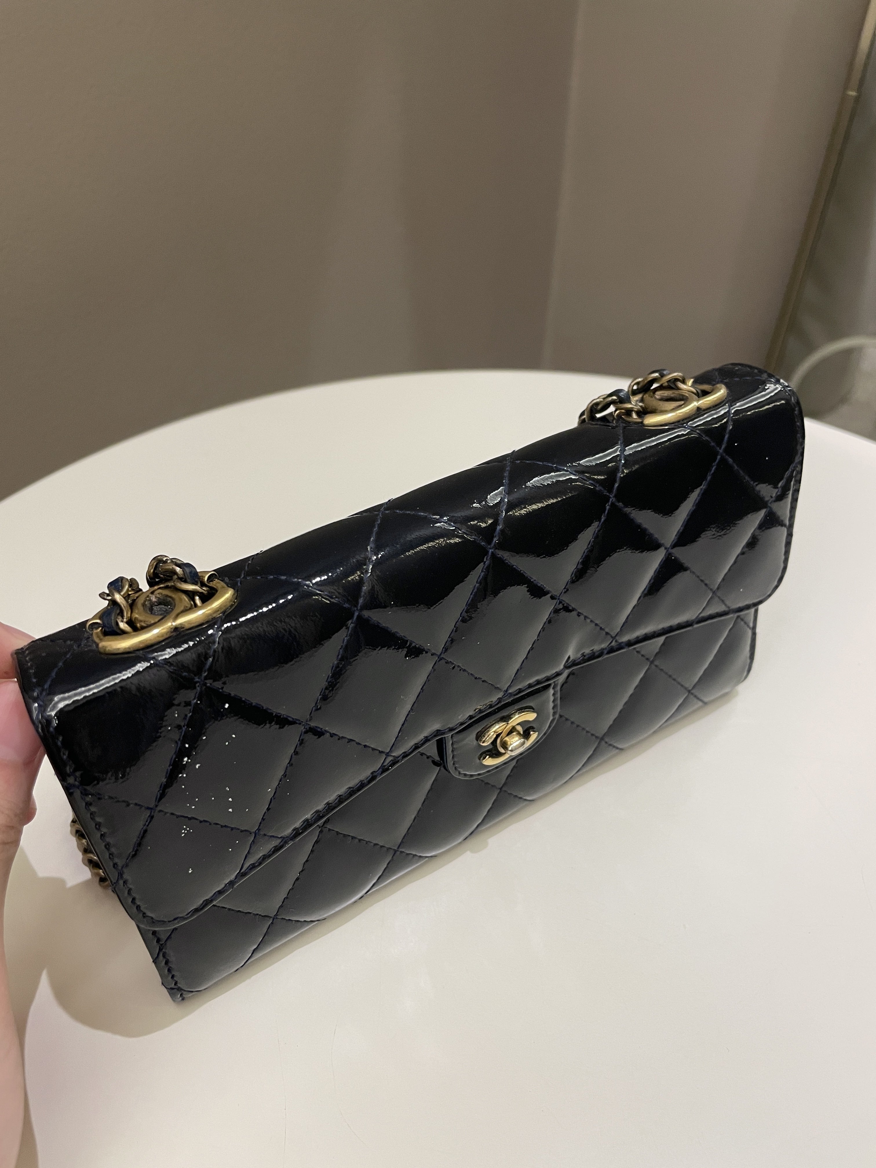 Chanel Double C Grommet Clutch On Chain Midnight Blue Patent 