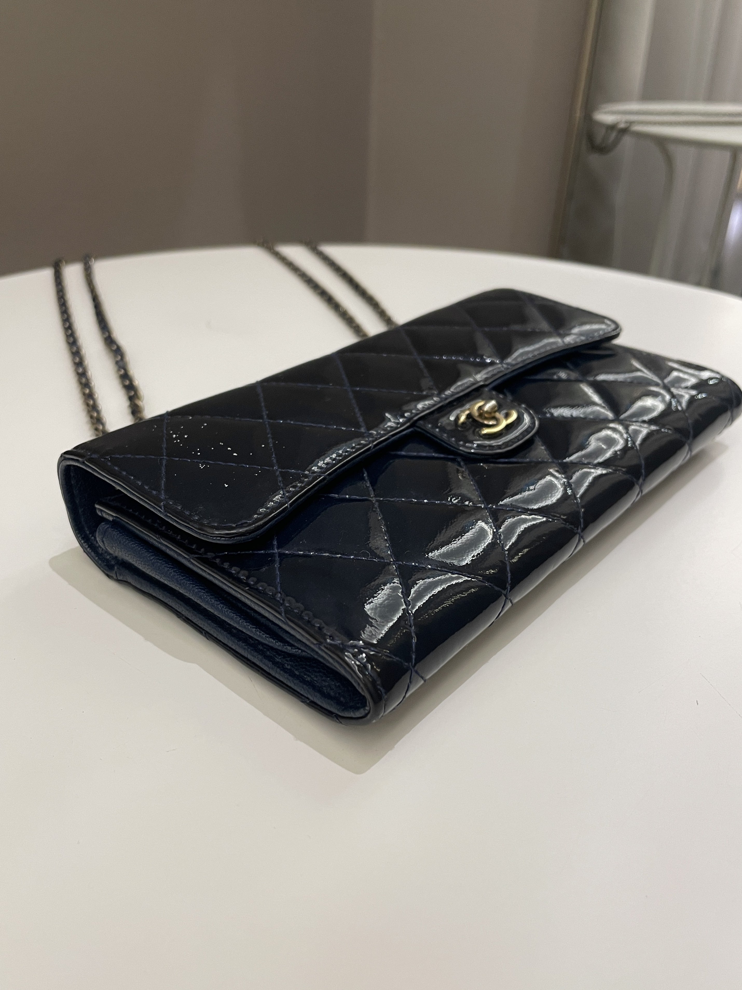 Chanel Double C Grommet Clutch On Chain Midnight Blue Patent 