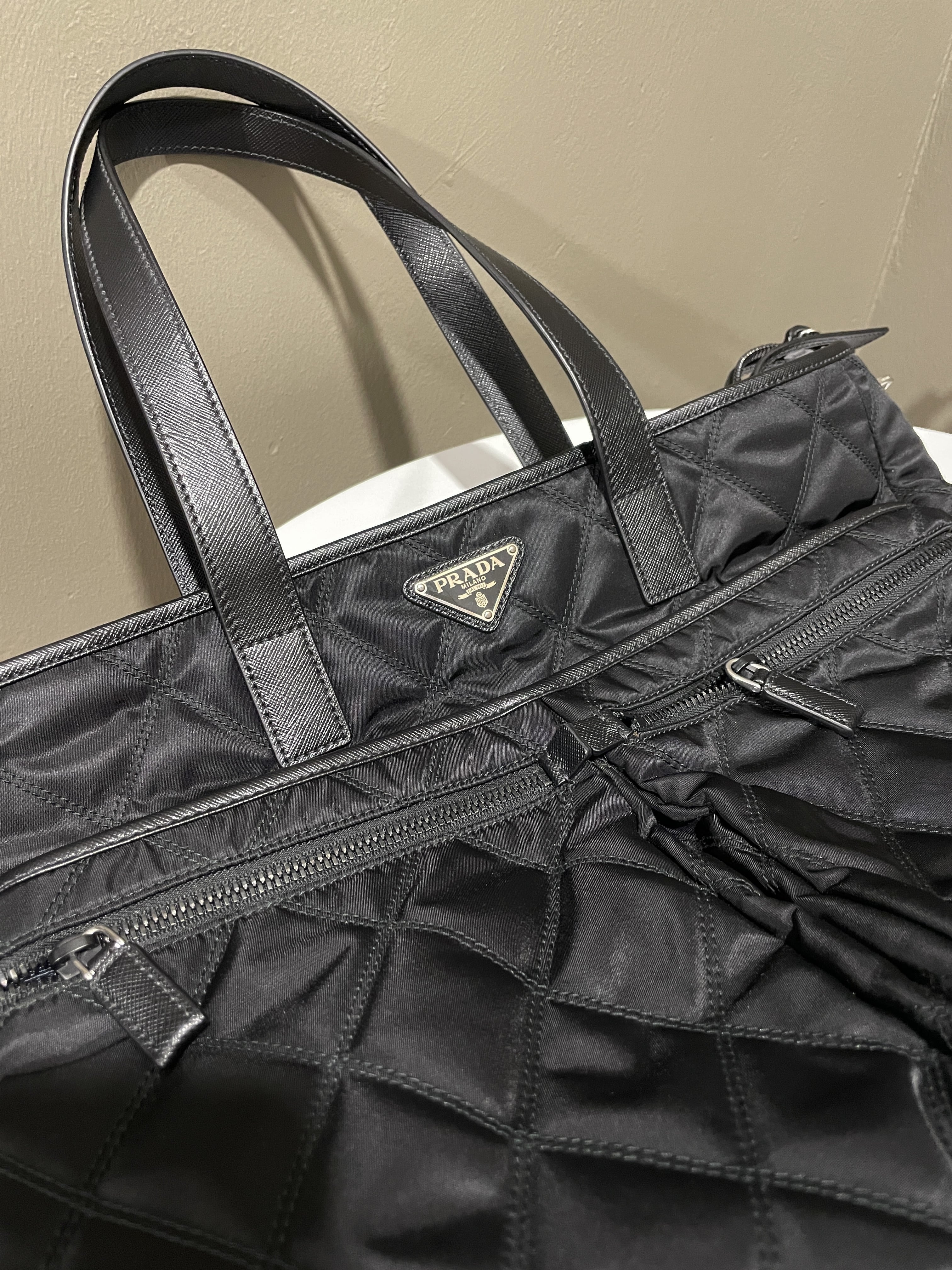 Prada Quilted Double Front Pocket Tote Black Nylon