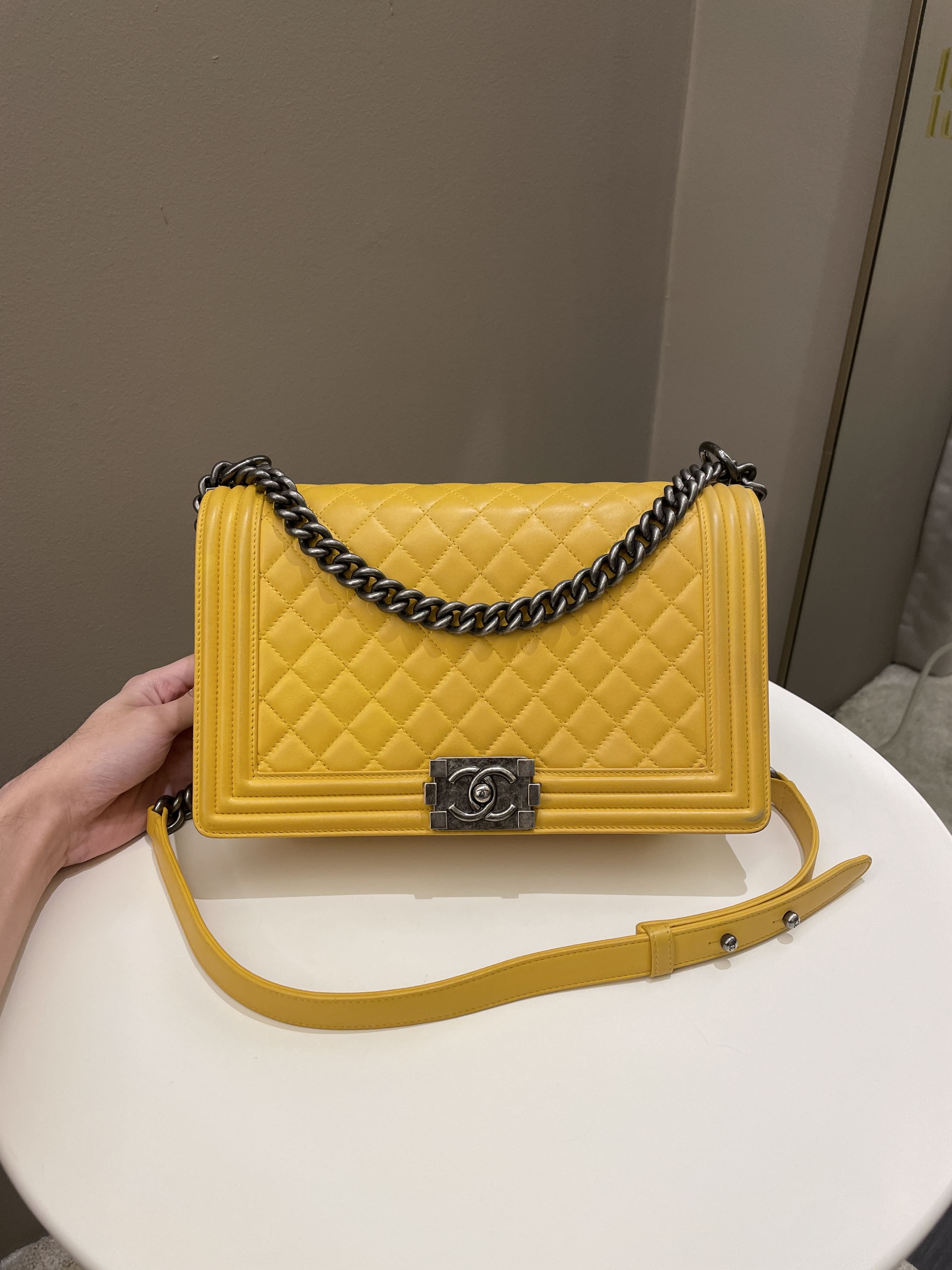 New Chanel yellow  caviar Boy Classic Small Bag  EliteFashionUscom