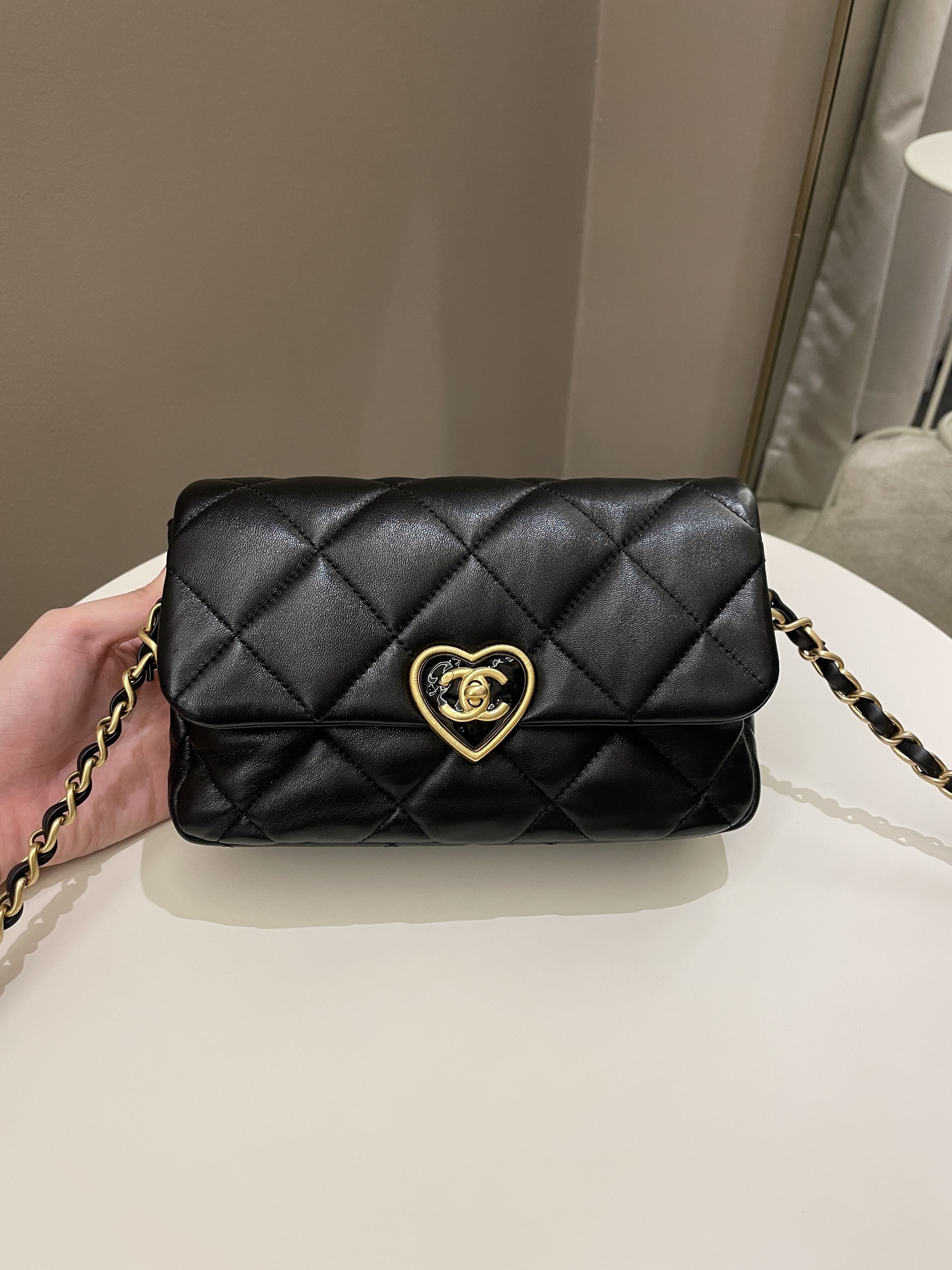 Chanel Black Quilted Lambskin Mini Flap Bag With CC Gold And Heart