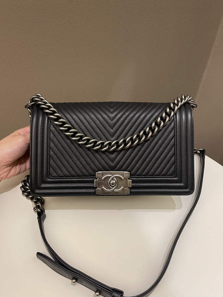 Chanel Black Leather Herringbone Chevron New Medium Boy Bag