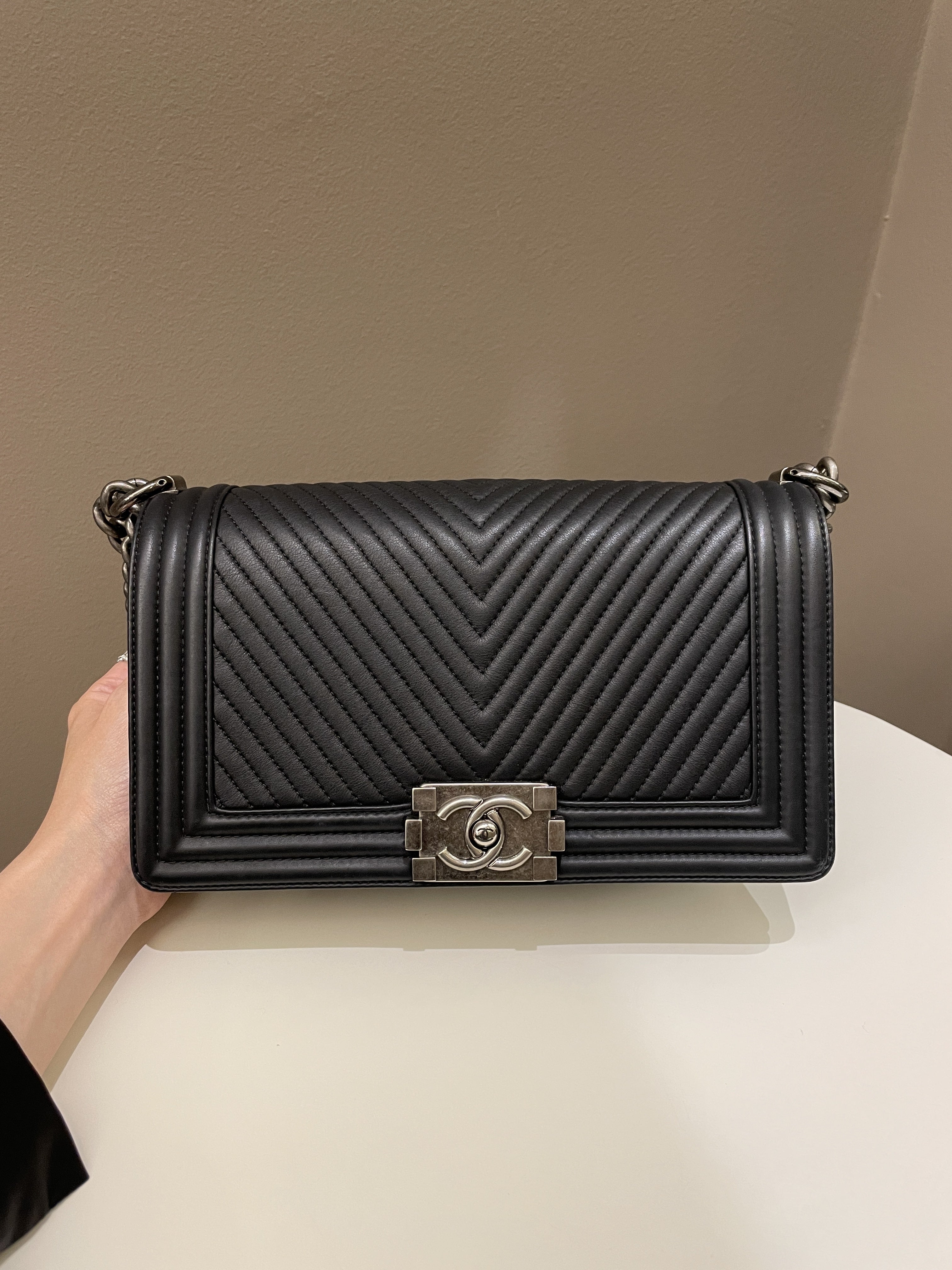 Chanel Black Herringbone Chevron New Medium Boy Bag RHW – Boutique Patina