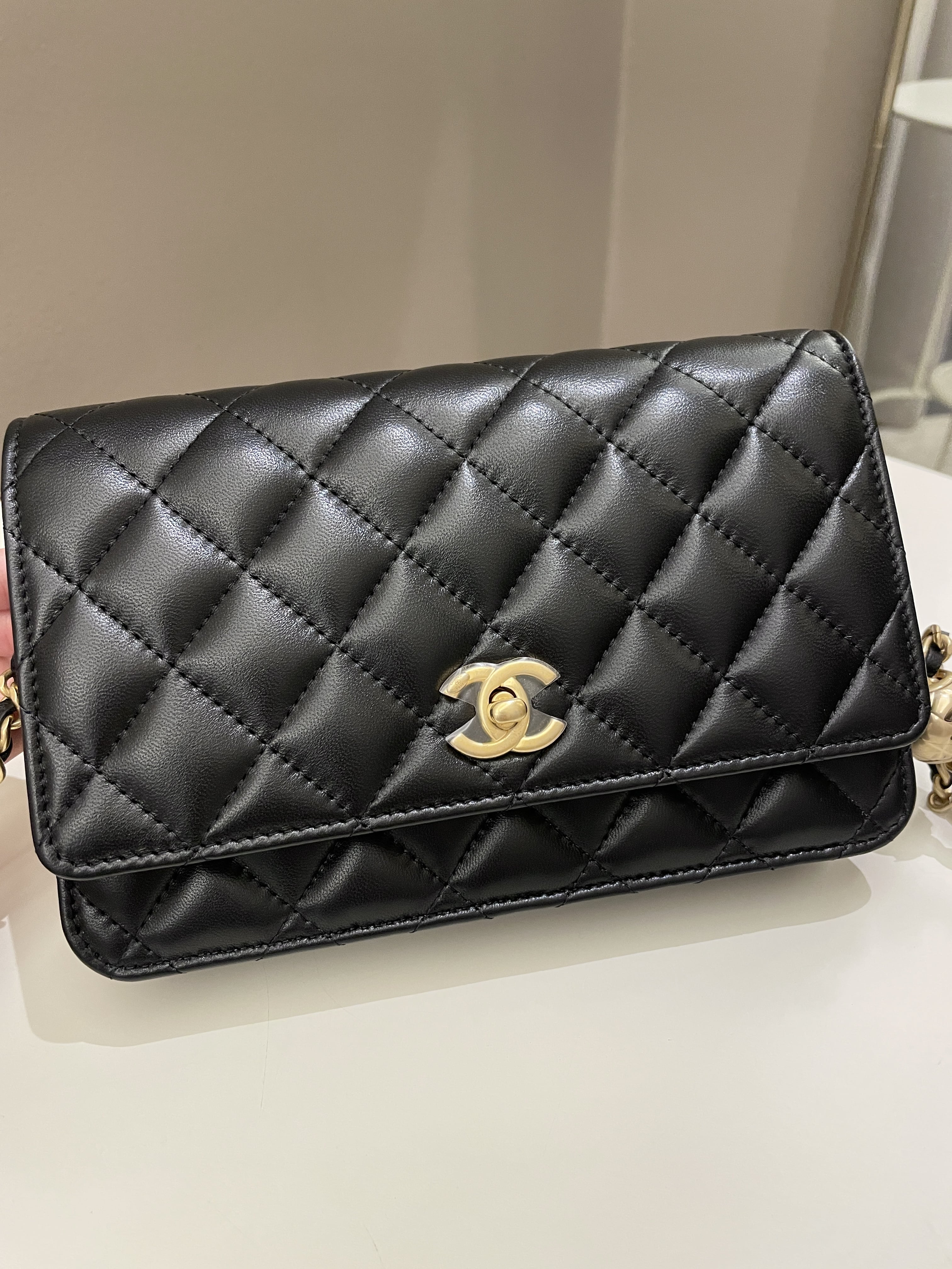 Chanel Quilted Pearl Crush Wallet On Chain Black Lambskin