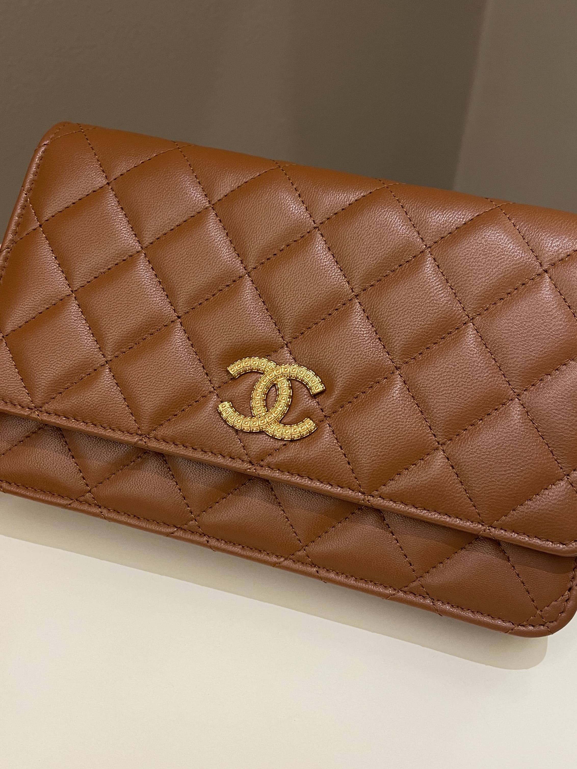 Chanel 23A Cc Quilted Wallet on Chain Tan Brown Stiff Lambskin